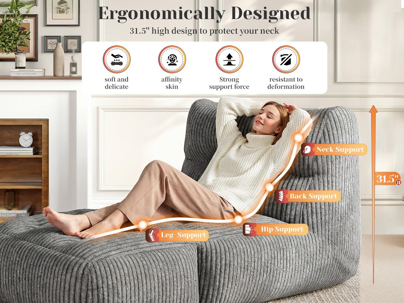 【SummerVibes】 Raybee Bean Bag Sofa,Giant Bean Bag Chairs for Adults 31.49" H with Foldable Ottoman,Big Lounge Chair with Memory Foam Filled for Living Room, Bedroom or Balcony,Lazy Floor Sofa