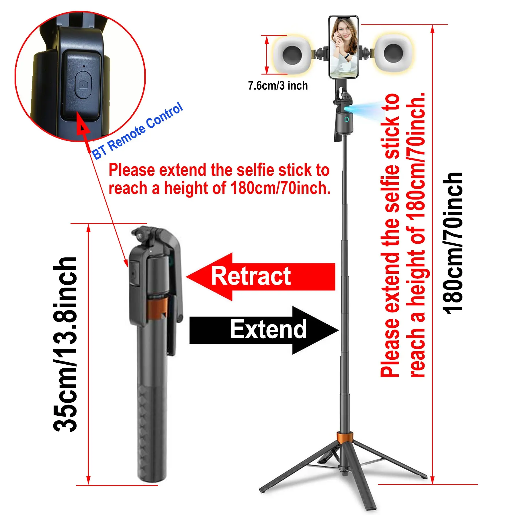 360° Rotatable Adjustable Selfie Stick Tripod, Rechargeable Smart Face Tracking Tripod with 2 Fill Lights, Auto Face Tracking Phone Holder for Vlog, Live Streaming, Remote Tripod