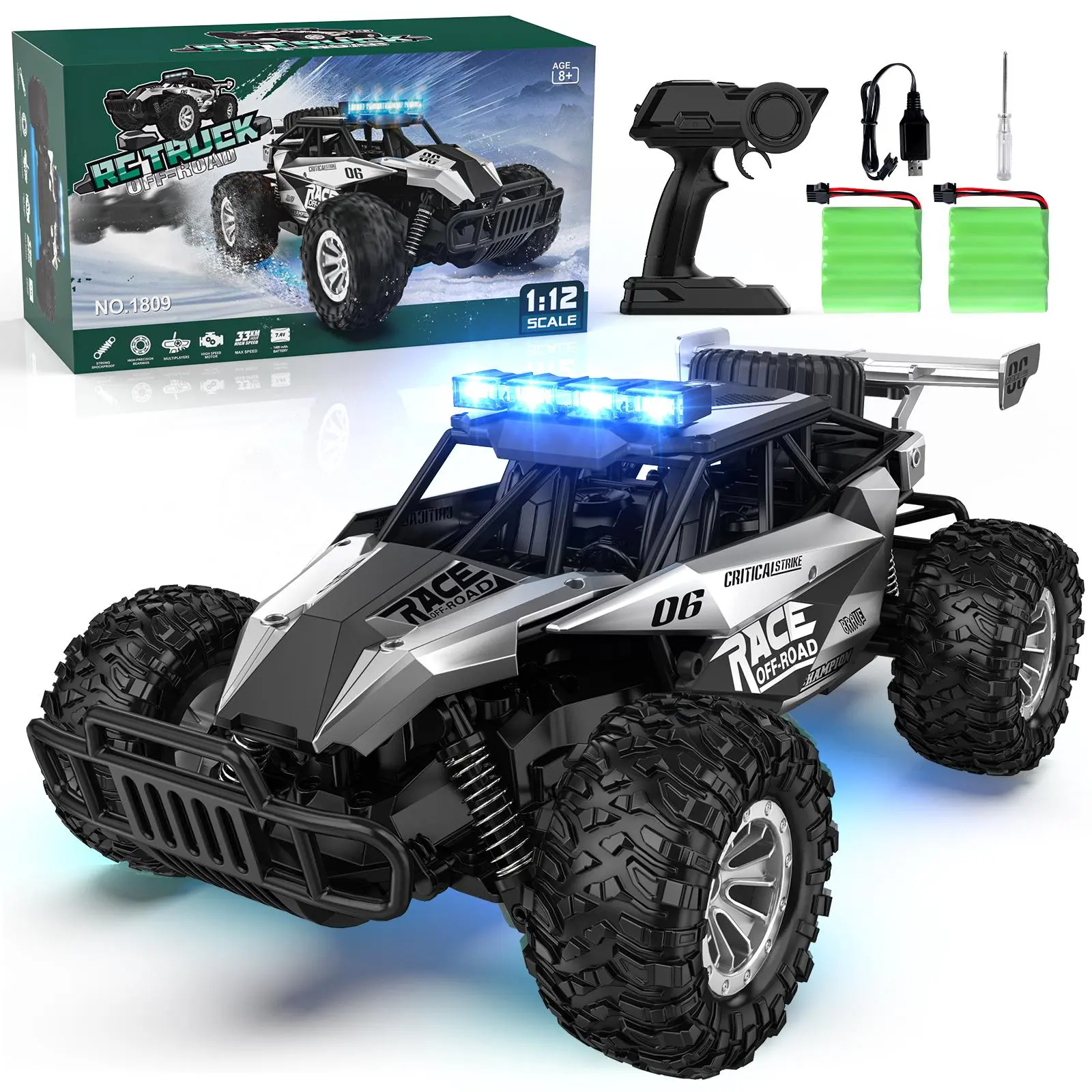 Remote Control Car - 2.4GHz High Speed 33KM/H RC Cars Toys, 1:12 Monster RC Truck Off Road with LED Headlight and Rechargeable Battery Gifts for Adults Boys 8-12 rc car Outdoorfun Durable