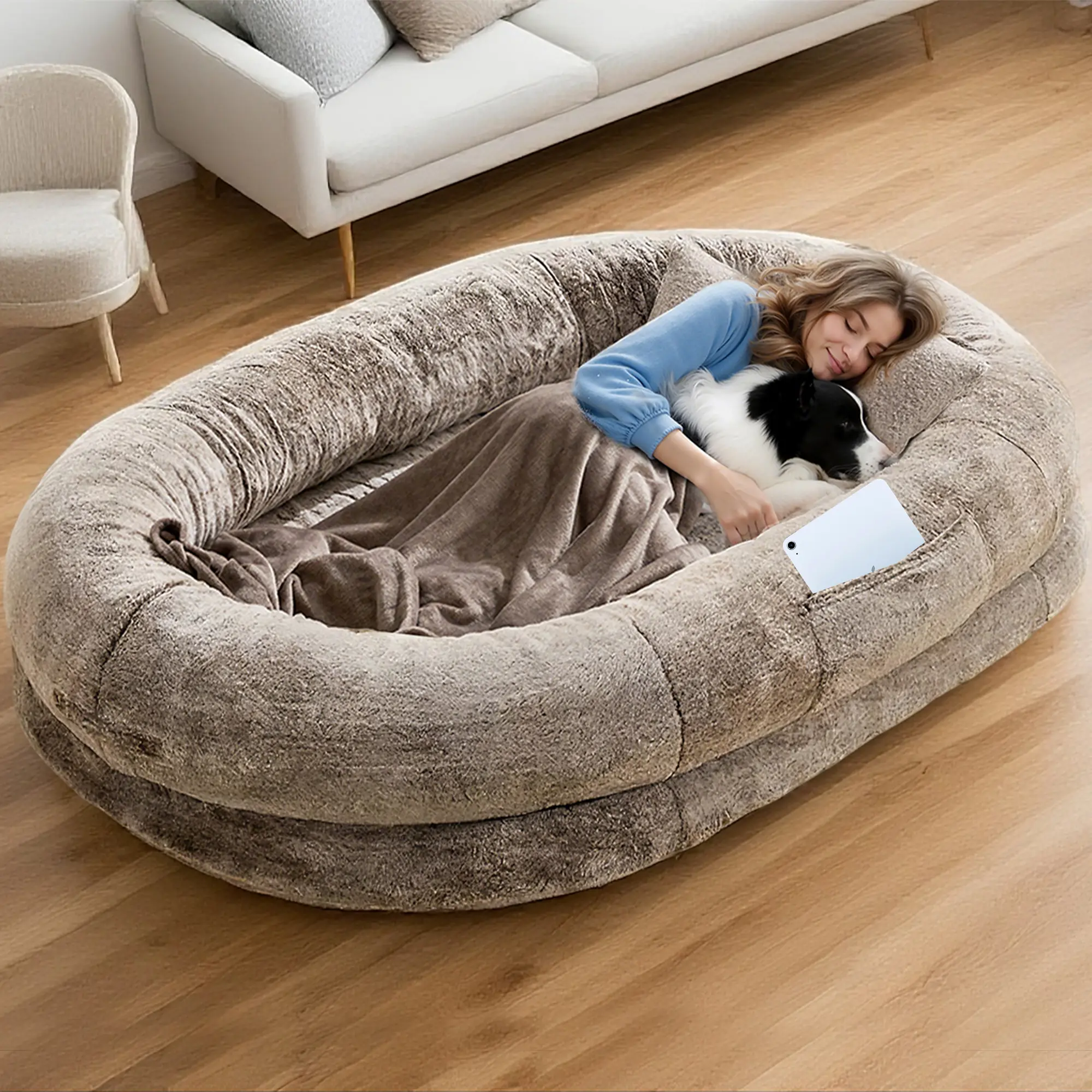Full‑Size Faux‑Fur Orthopedic Cozy Lounger Bed, 68"×35"×14", with Detachable Pillow & Blanket, Machine‑Washable Indoor Pet Furniture, Easy‑Care Gift for Pet Lovers