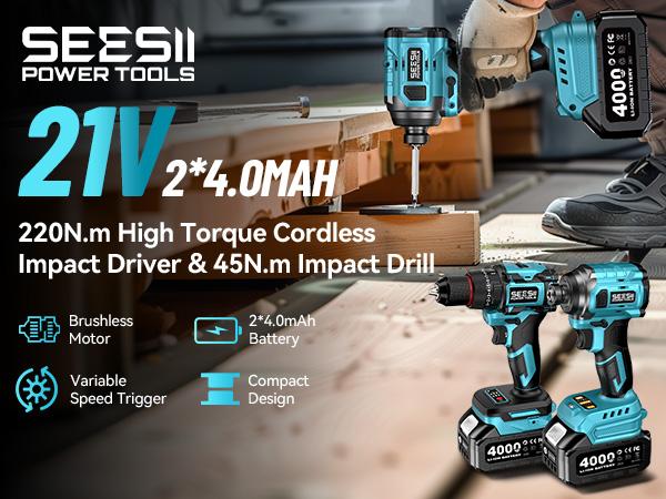 SEESII 3/8'' Brushless Cordless Drill and 1/4'' Impact Driver Combo Kit with 2 Batteries, 21V Max Electric Brushless Power Tool Set with Fast Charger SEESII 3/8'' Brushless Cordless Drill and 1/4'' Impact Driver Combo Kit with 2 Batteries, 21V Max Electric Brushless Power Tool Set with Fast Charger