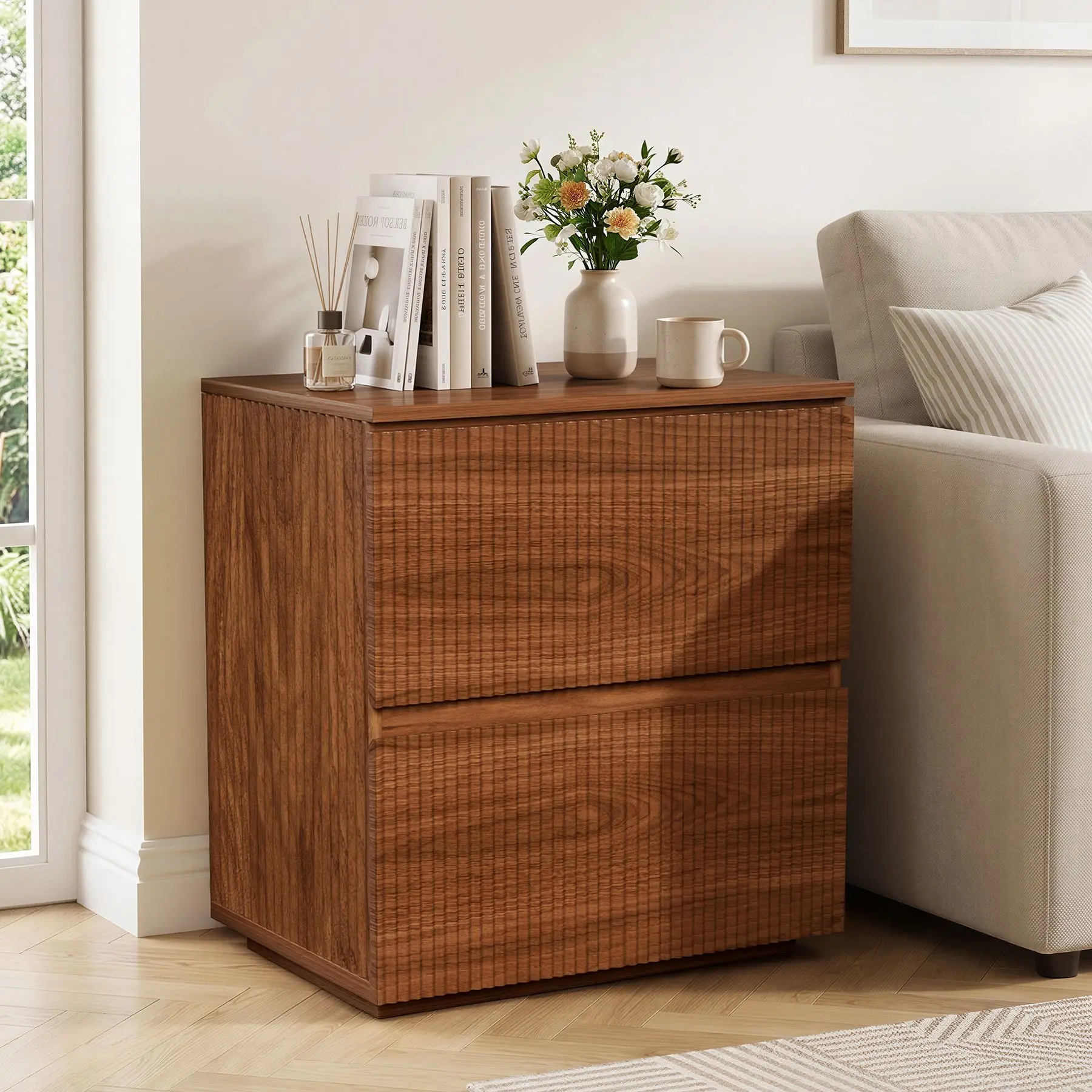 Modern Wooden 2‑Drawer Bedside Nightstand with Storage, Single or Set of 2 for Bedroom