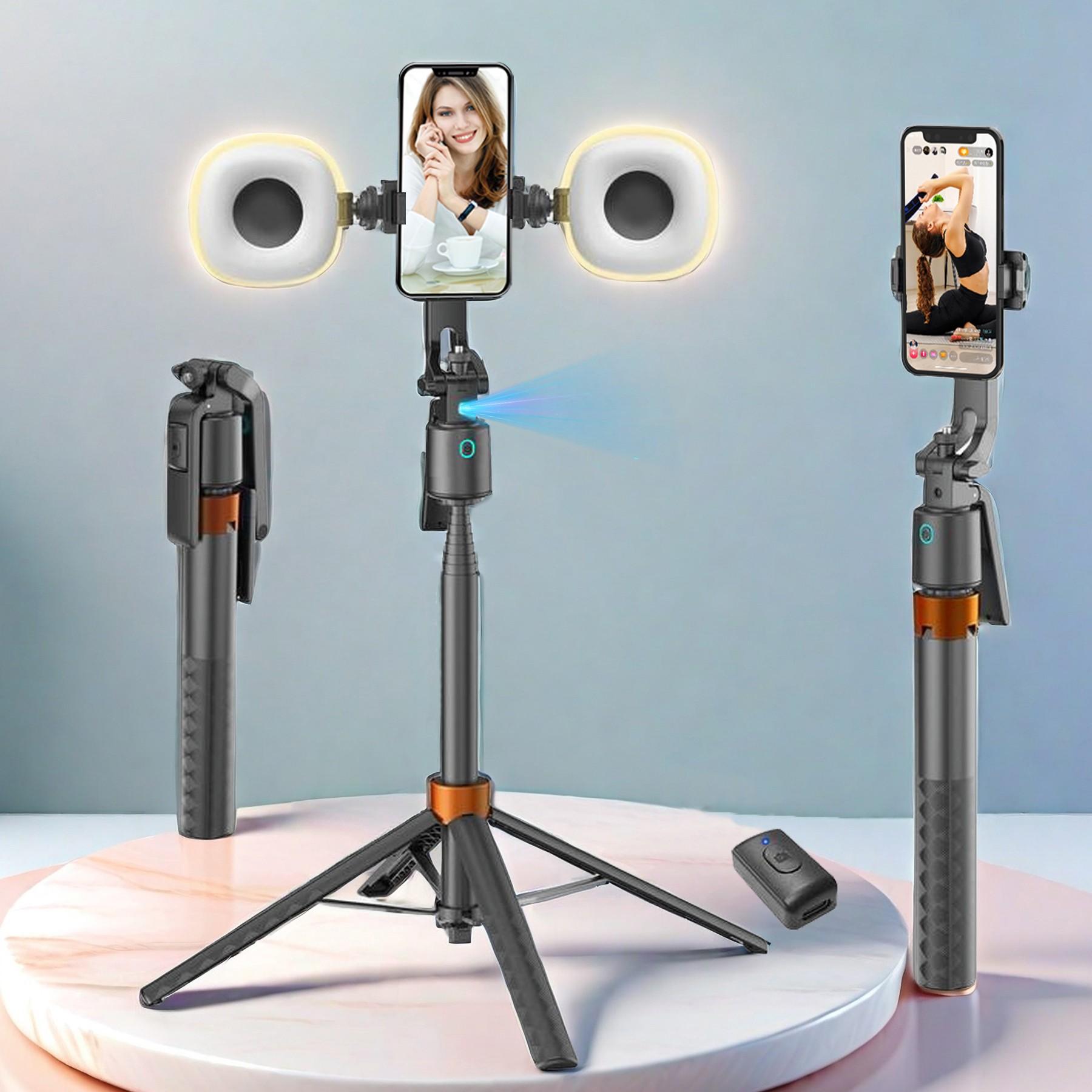 360° Rotatable Adjustable Selfie Stick Tripod, Rechargeable Smart Face Tracking Tripod with 2 Fill Lights, Auto Face Tracking Phone Holder for Vlog, Live Streaming, Remote Tripod 360° Rotatable Adjustable Selfie Stick Tripod, Rechargeable Smart Face Tracking Tripod with 2 Fill Lights, Auto Face Tracking Phone Holder for Vlog, Live Streaming, Remote Tripod