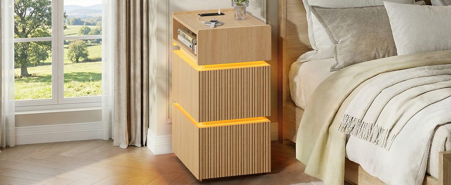 Sikaic Smart Skinny Fluted Engineered Wood Nightstand Bedside Table - 2 Drawers, 2 AC Outlets, 3-Color LED Strips, Charging Station, Raised Shelves, Groove Texture, Open Storage, Lipped Tabletop, Compact Modern Bedroom Furniture for Small Rooms Sikaic Smart Skinny Fluted Engineered Wood Nightstand Bedside Table - 2 Drawers, 2 AC Outlets, 3-Color LED Strips, Charging Station, Raised Shelves, Groove Texture, Open Storage, Lipped Tabletop, Compact Modern Bedroom Furniture for Small Rooms