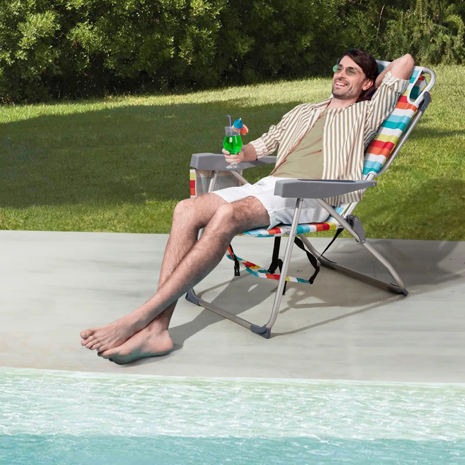 Foldable Aluminum Patio Chair with Headrest & Storage Pouch, Lightweight Collapsible Frame, 220 lbs/100 kg Capacity, Adjustable Portable Compact Chair for Camping, Beach (Colorful Stripes), Foldable Chairs, Adjustable Portable Chairs