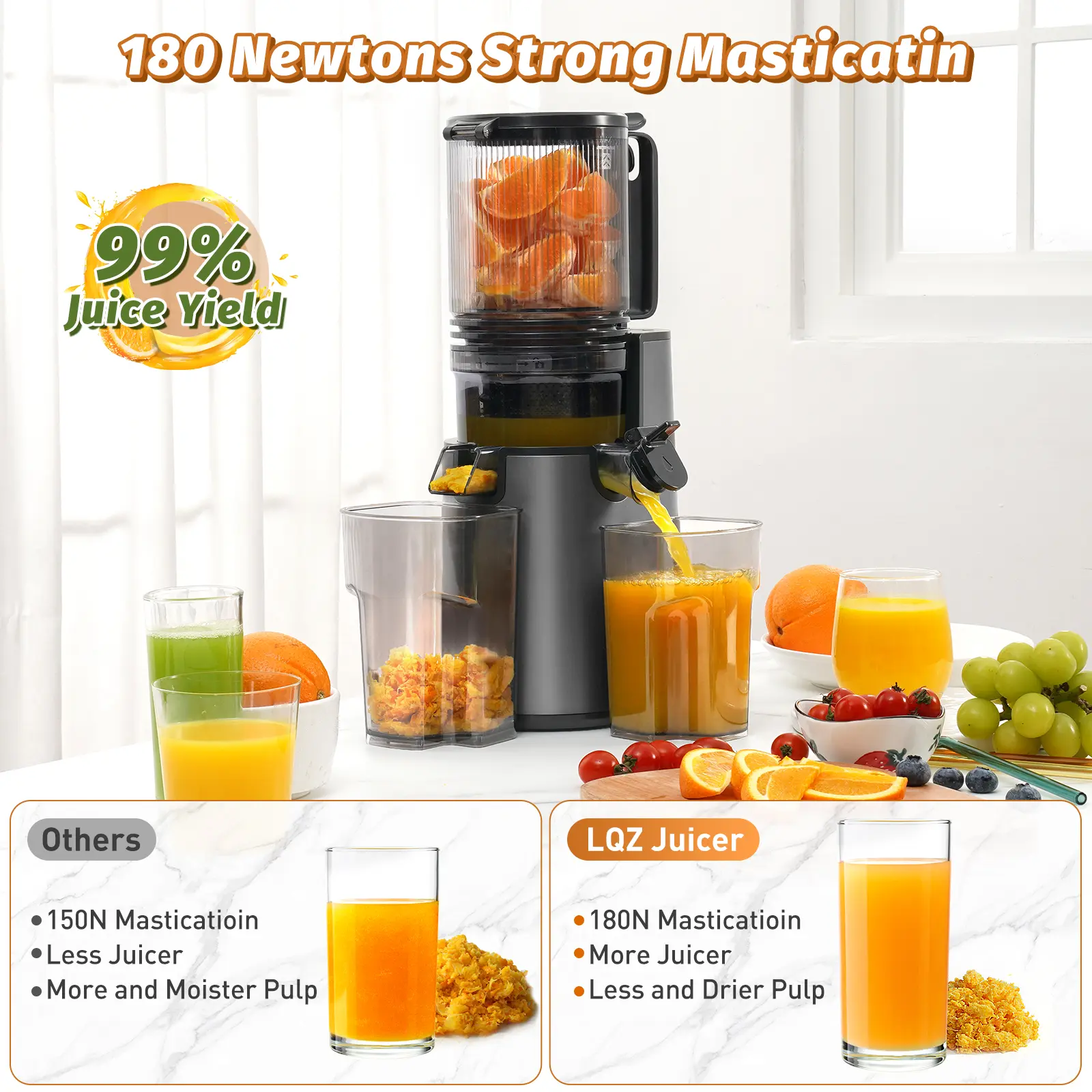 LQZ 350W Cold Press Juicer - Slow Masticating, 5.4 Inch Feed Chute, High Juice Yield, Easy Clean, 55rpm Technology for Whole Fruits & Veggies,Summer Glow