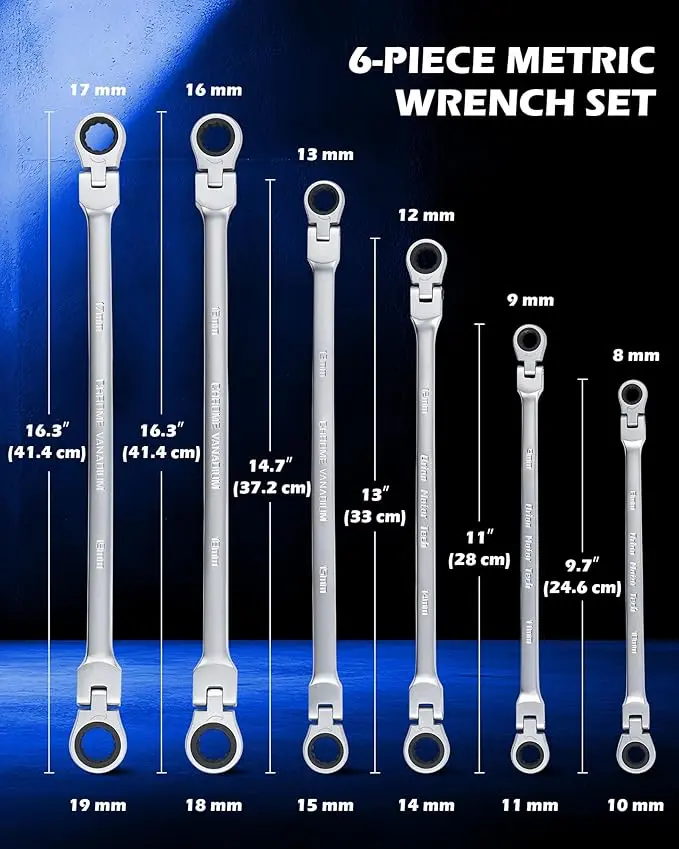 6-Piece Ratcheting Wrench Set, Metric 8mm - 19mm Extra Long Gear Multi-Purpose Ratchet Wrench Extra Long Ratchet Wrench Set with 72 Tooth Gear & Double Box End, 8mm 9mm 10mm 11mm 12mm 13mm 14mm 15mm 16mm 17mm 18mm 19mm