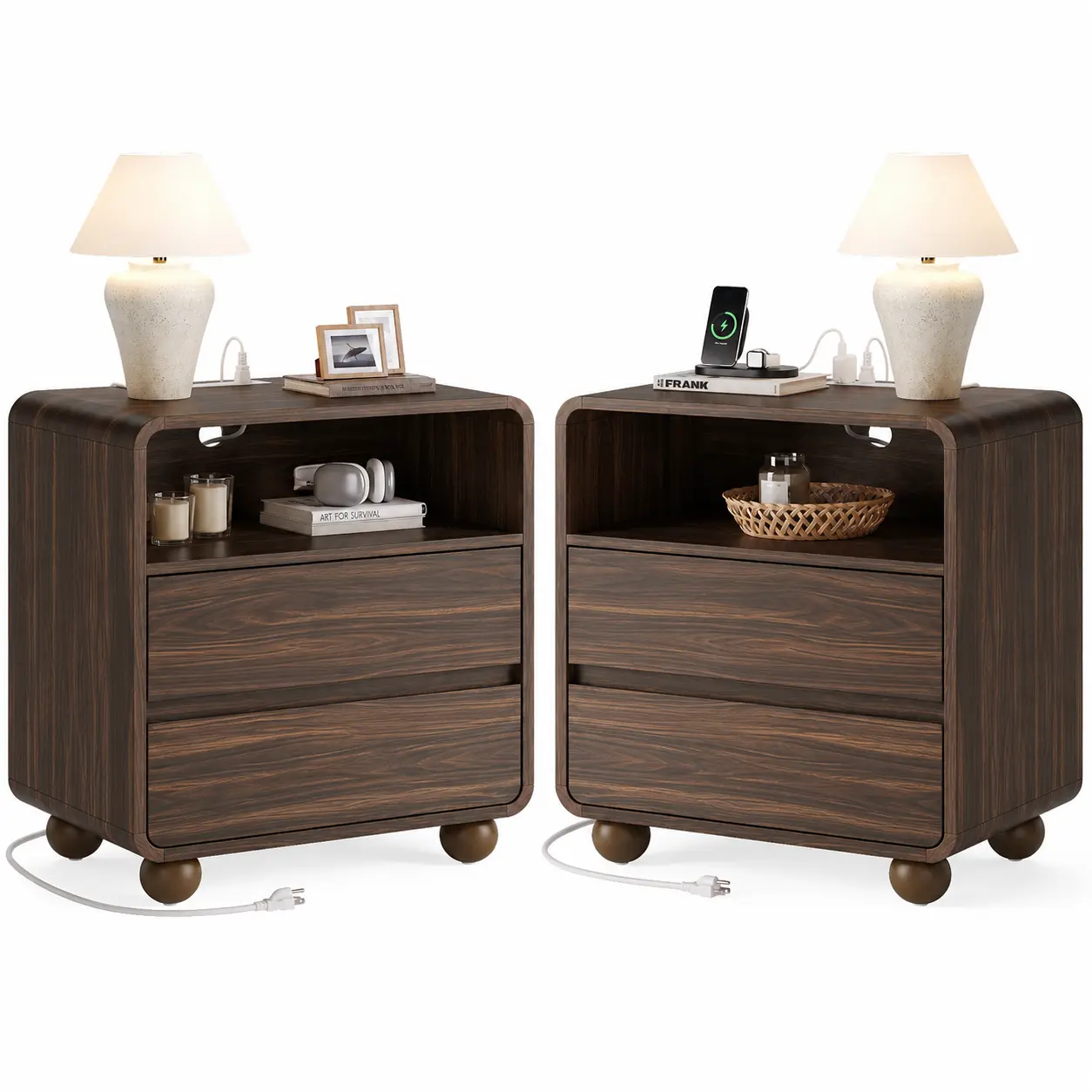 Curved Wooden Nightstand with Charging Station | 2 Drawers & Open Shelf