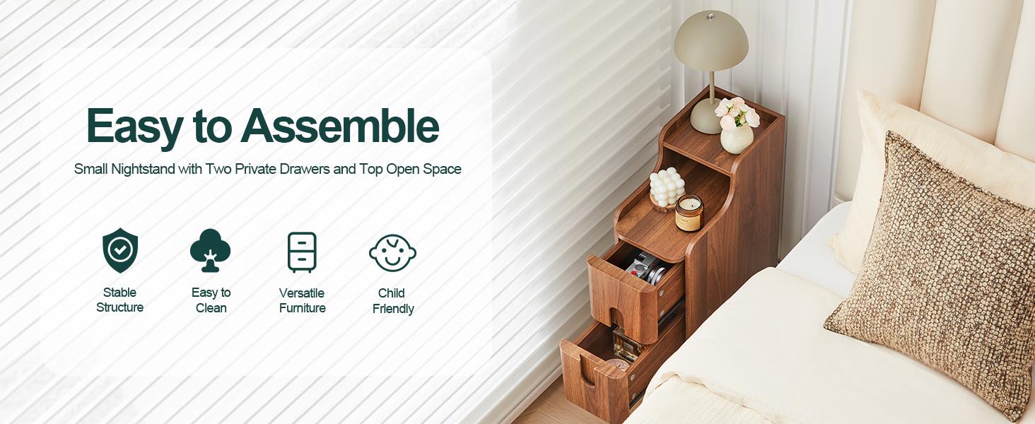 FurSch Narrow Wooden End Table with 2 Drawers, Small Nightstand for Bedroom, Compact Vintage Side Table for Living Room or Small Spaces