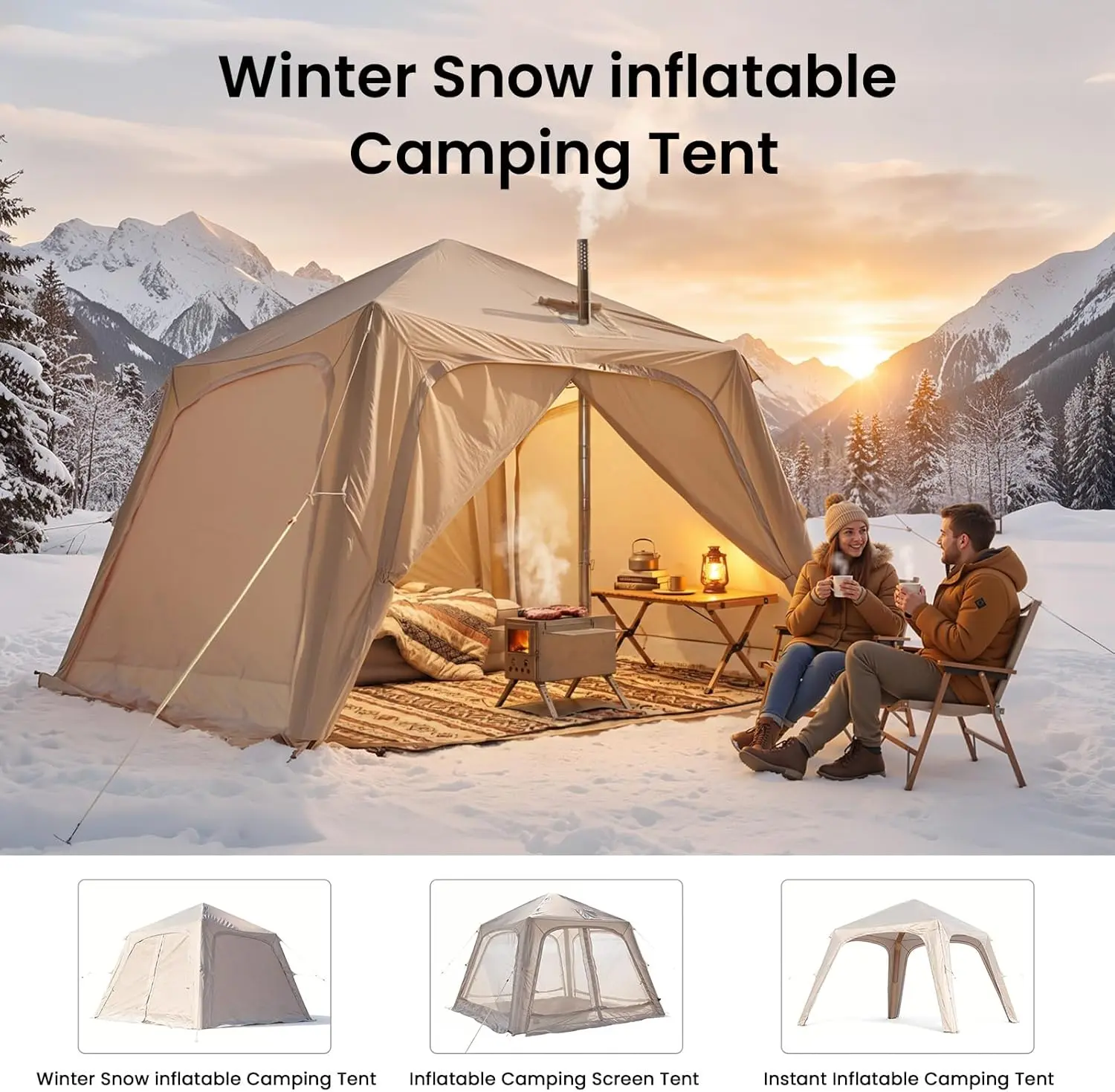 DoCred Large Inflatable Camping Tent with Pump, Glamping Tents with Stove Jack, Easy Set up 4 Season Waterproof Windproof Outdoor Gazebo, Luxury Cabin Tent with Removable Mesh Windows & Doors for Beach, Backyard, Sleepovers, Camping