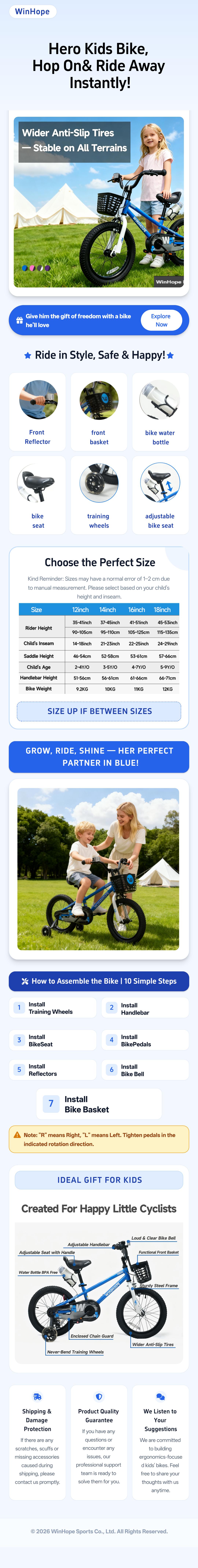 WINHOPE Hero Kids Bike for Ages 2&ndash;9 | 12&ndash;18 Inch with LED Training Wheels, Front Basket & Water Bottle Holder | 95% Pre-Assembled, Dual Brakes, Adjustable Seat & Handlebars