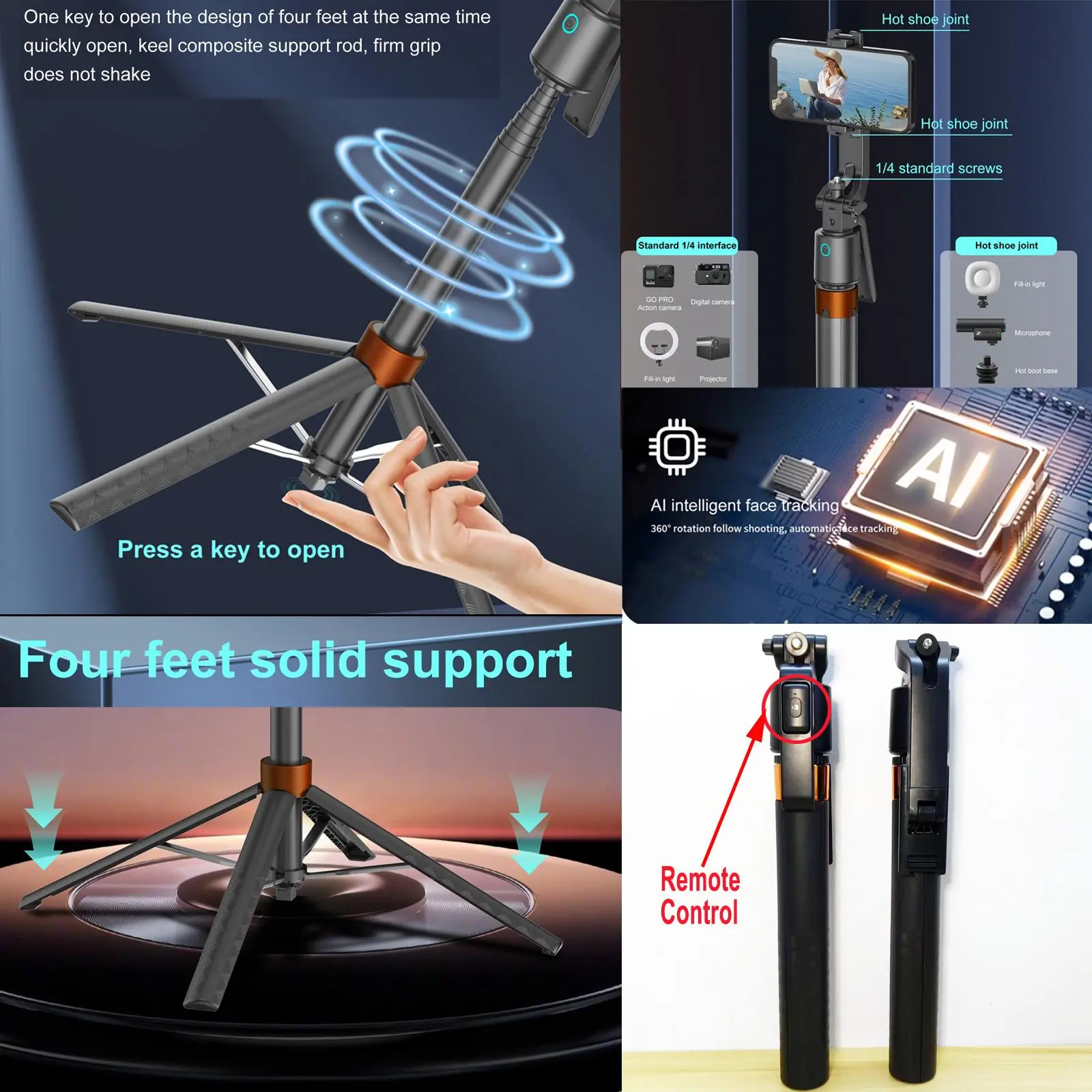 360° Rotatable Adjustable Selfie Stick Tripod, Rechargeable Smart Face Tracking Tripod with 2 Fill Lights, Auto Face Tracking Phone Holder for Vlog, Live Streaming, Remote Tripod