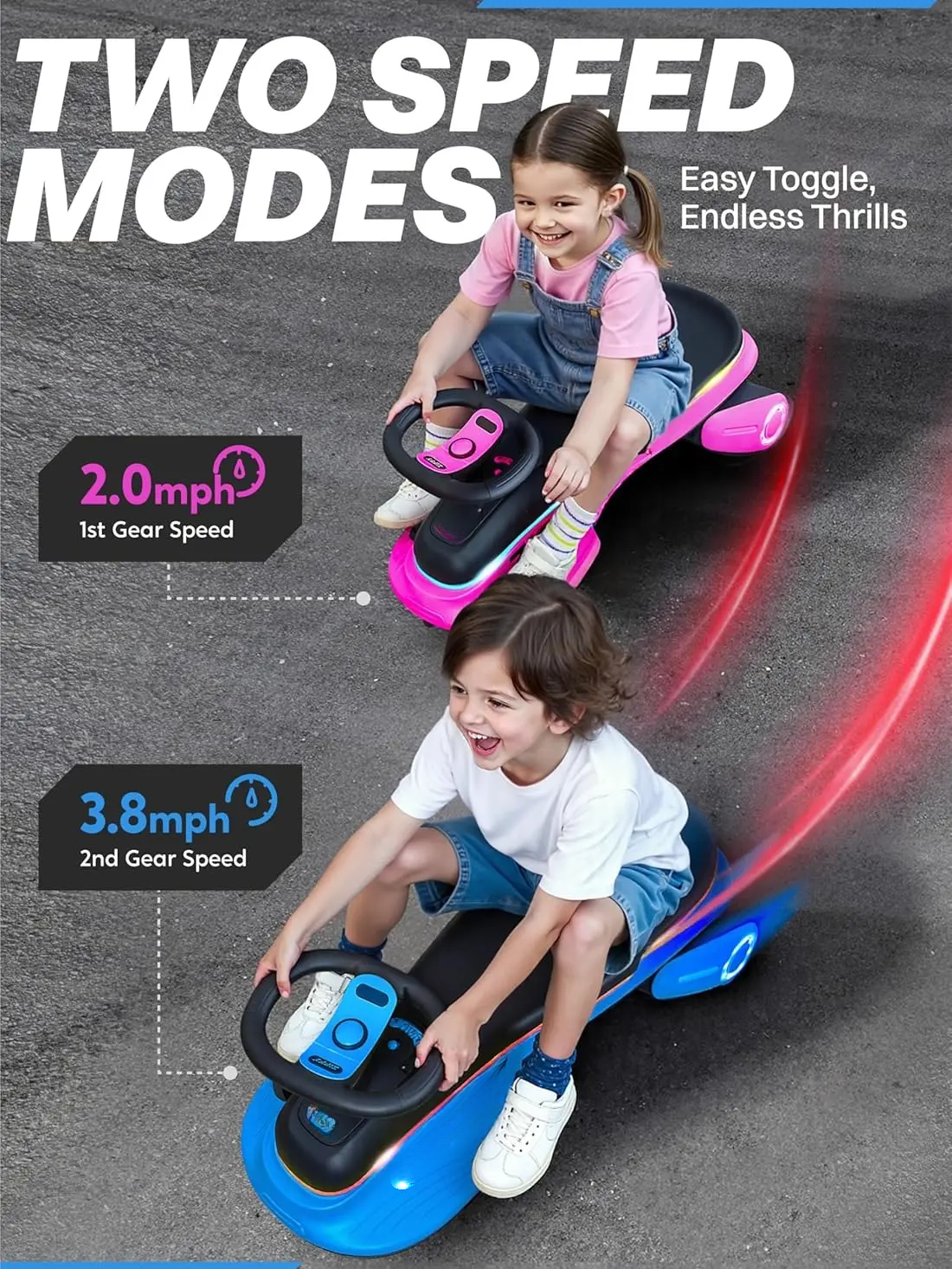 HULIABU 45W 5.5A Light-Up Electric Wiggle Car with Pedal, Rechargeable Battery, 2-in-1 Swing Car, 2 Speed Ride-On Toy, Anti-Rollover, Flashing Wheels for Ages 3+ (Up to 110 lbs)