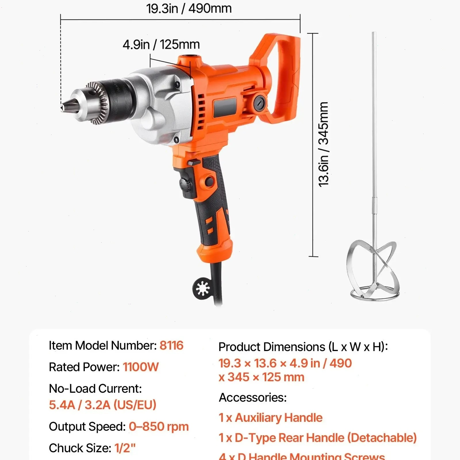 【Summerfinds】5/8" Corded Electric Drill Mixer Set 0-850RPM 5.8A D-Handle for Cement Paint Fodder Mixing & Drilling