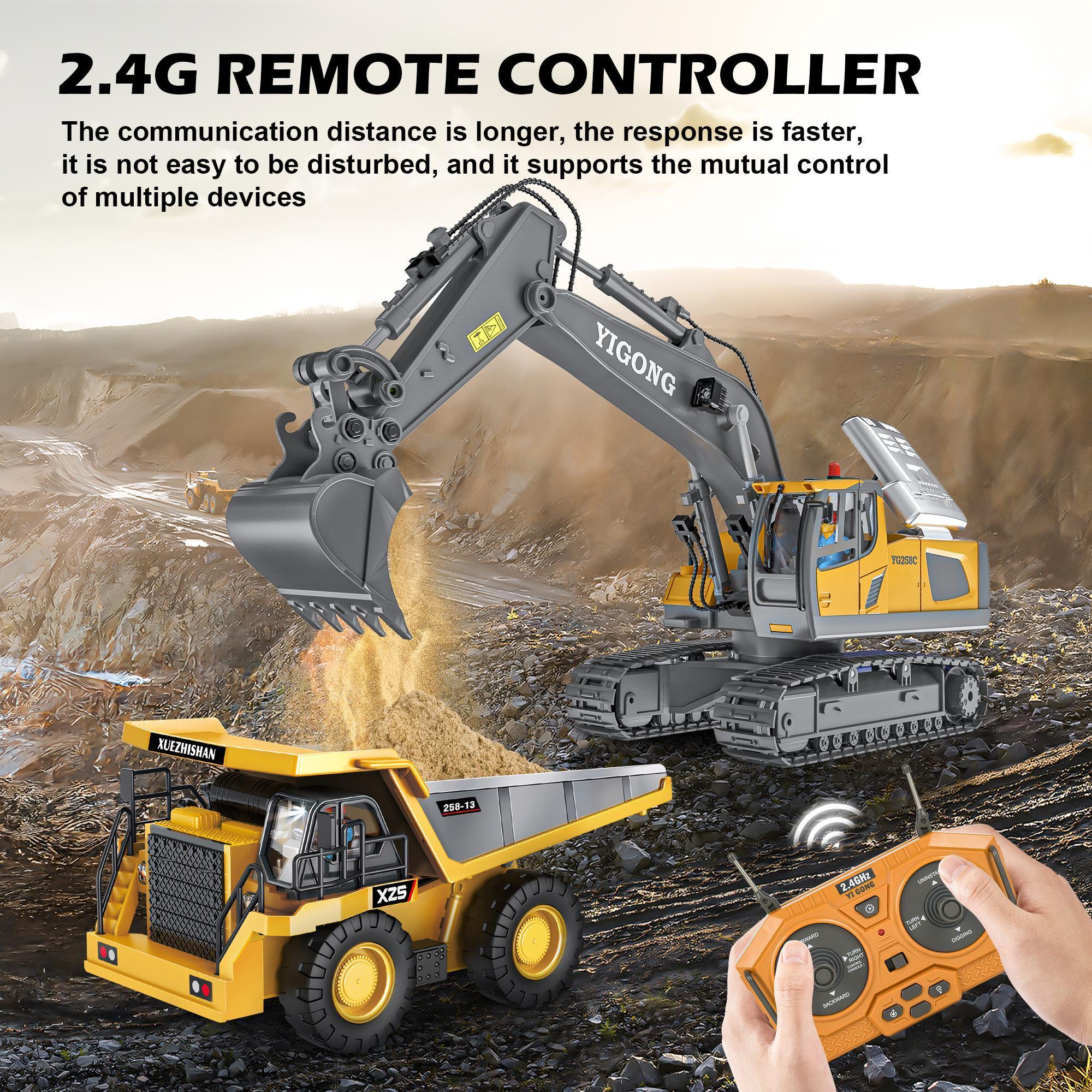 (Easy for kids!)Excavator RC Construction Truck 2.4G High-tech Remote-Control Bulldozer Construction Vehicle Electronic Toy Features lights, sounds and realistic tracks, suitable for children's play, children's gifts, birthday gifts,not 100% metal