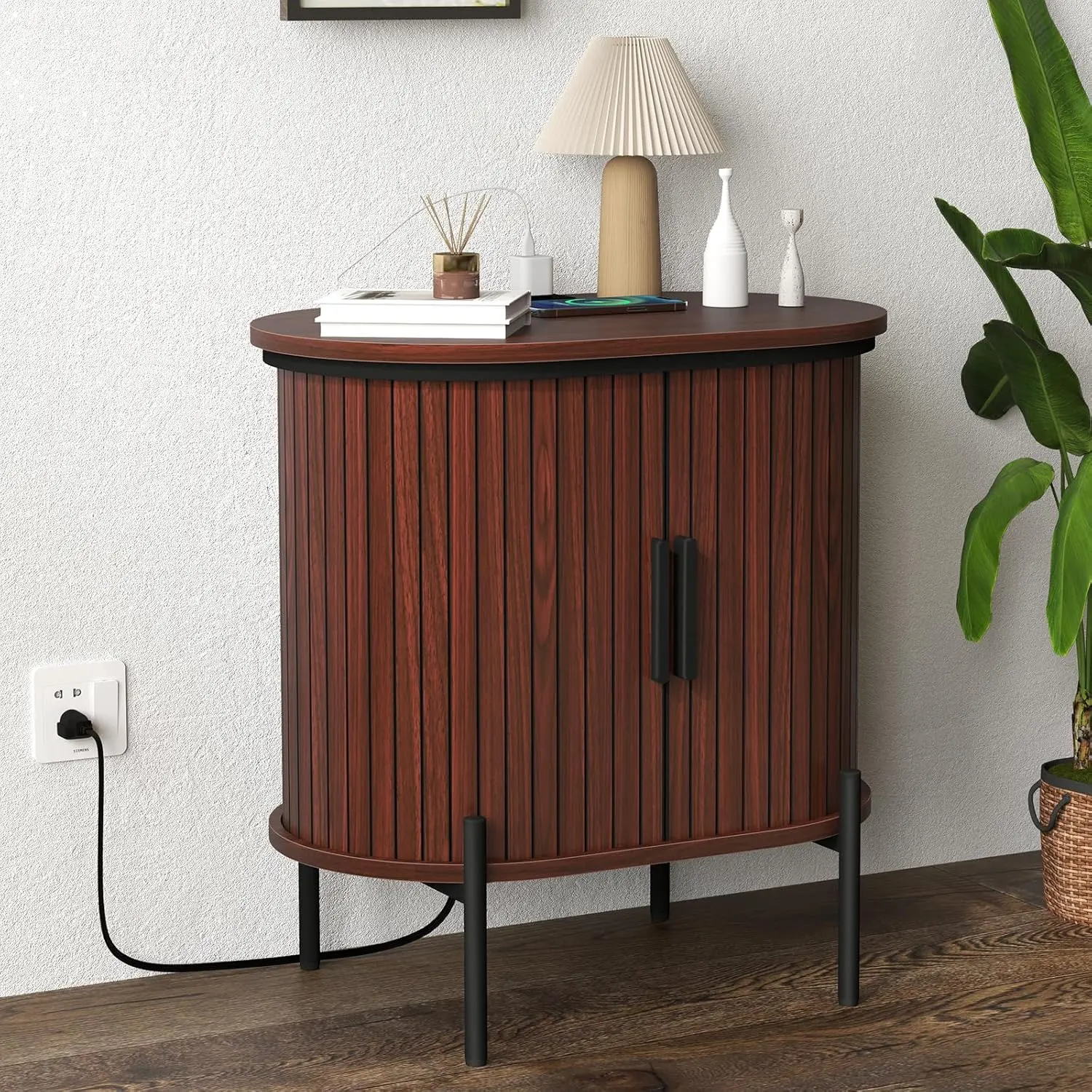 Chic Mid-Century Oak Wood Nightstand, Fluted Tambour Bedside Table with Charging Port, Storage Cabinet, Easy Assembly, Compact Wooden Side Table for Bedroom & Small Spaces
