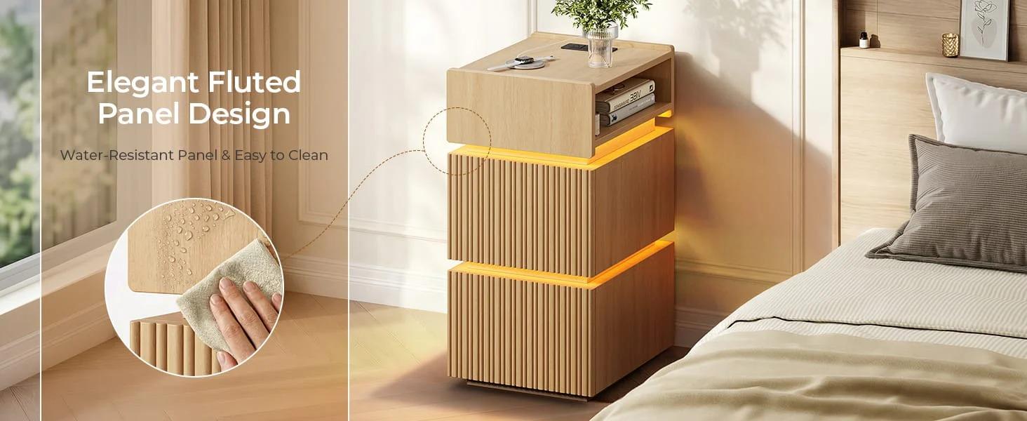 Sikaic Smart Skinny Fluted Engineered Wood Nightstand Bedside Table - 2 Drawers, 2 AC Outlets, 3-Color LED Strips, Charging Station, Raised Shelves, Groove Texture, Open Storage, Lipped Tabletop, Compact Modern Bedroom Furniture for Small Rooms Sikaic Smart Skinny Fluted Engineered Wood Nightstand Bedside Table - 2 Drawers, 2 AC Outlets, 3-Color LED Strips, Charging Station, Raised Shelves, Groove Texture, Open Storage, Lipped Tabletop, Compact Modern Bedroom Furniture for Small Rooms