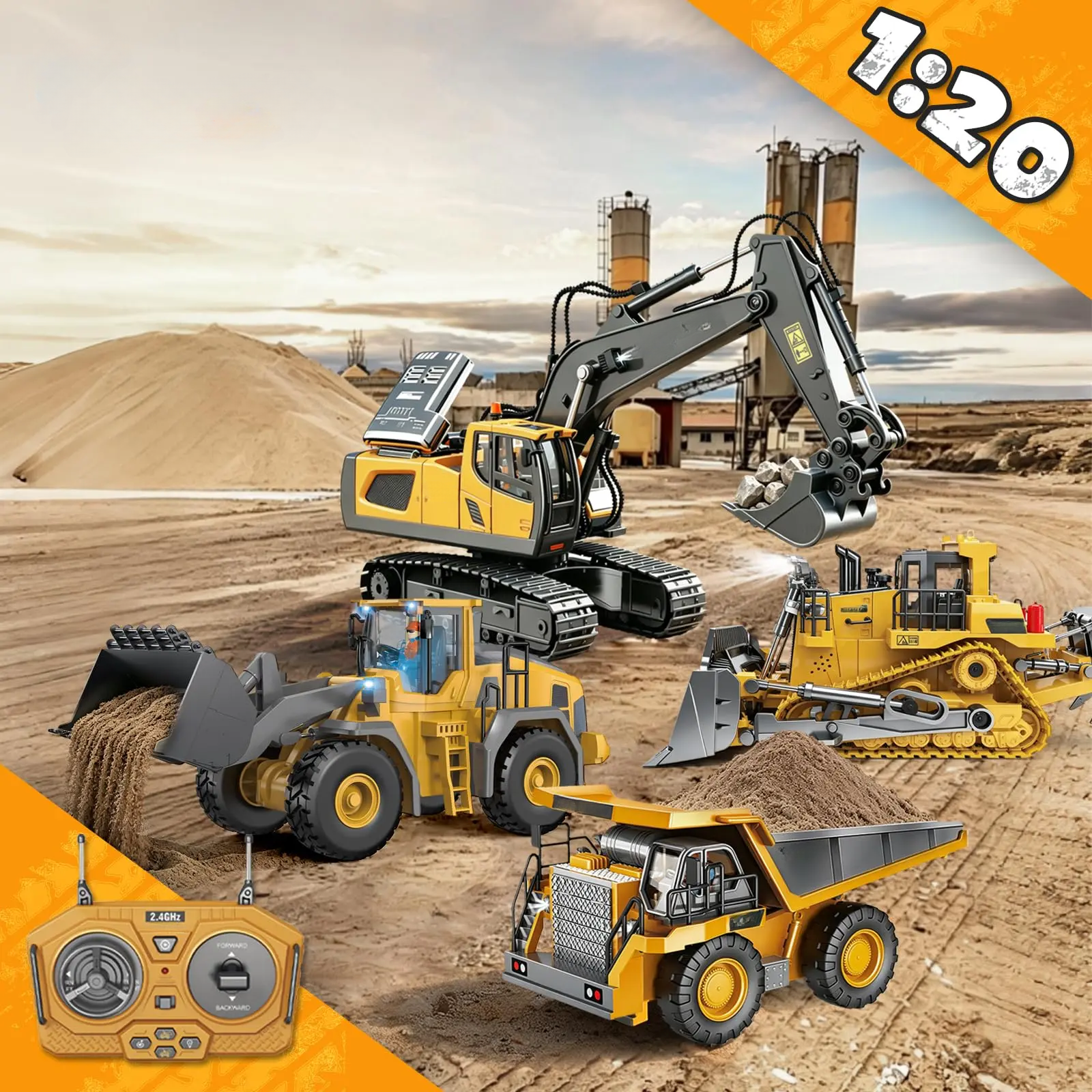 (Easy for kids!)Excavator RC Construction Truck 2.4G High-tech Remote-Control Bulldozer Construction Vehicle Electronic Toy Features lights, sounds and realistic tracks, suitable for children's play, children's gifts, birthday gifts,not 100% metal