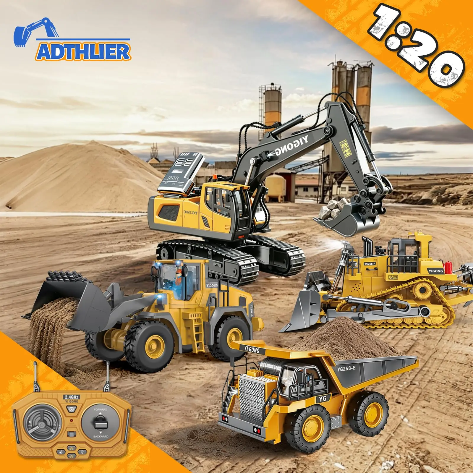 (Easy for kids!)Excavator RC Construction Truck 2.4G High-tech Remote-Control Bulldozer Construction Vehicle Electronic Toy Features lights, sounds and realistic tracks, suitable for children's play, children's gifts, birthday gifts,not 100% metal