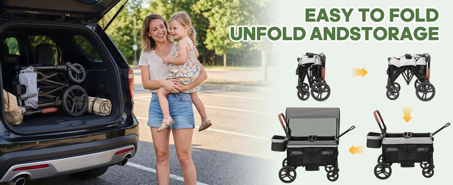 Dripex Stroller Wagon for 2 Kids, All-Terrain Foldable Kids Wagon Stroller with Removable Canopy, Mosquito Net, Snack Tray, Cup Holders & Storage Basket