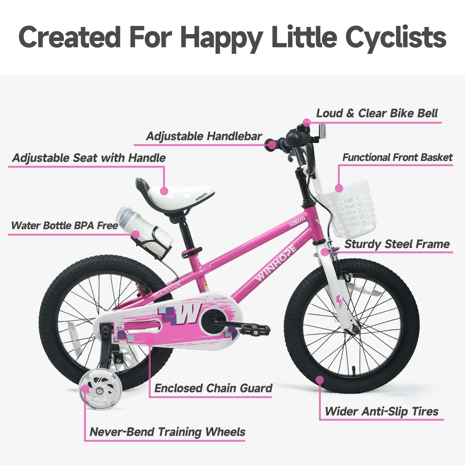 WINHOPE Hero Kids Bike for Ages 2–9 | 12–18 Inch with LED Training Wheels, Front Basket & Water Bottle Holder | 95% Pre-Assembled, Dual Brakes, Adjustable Seat & Handlebars