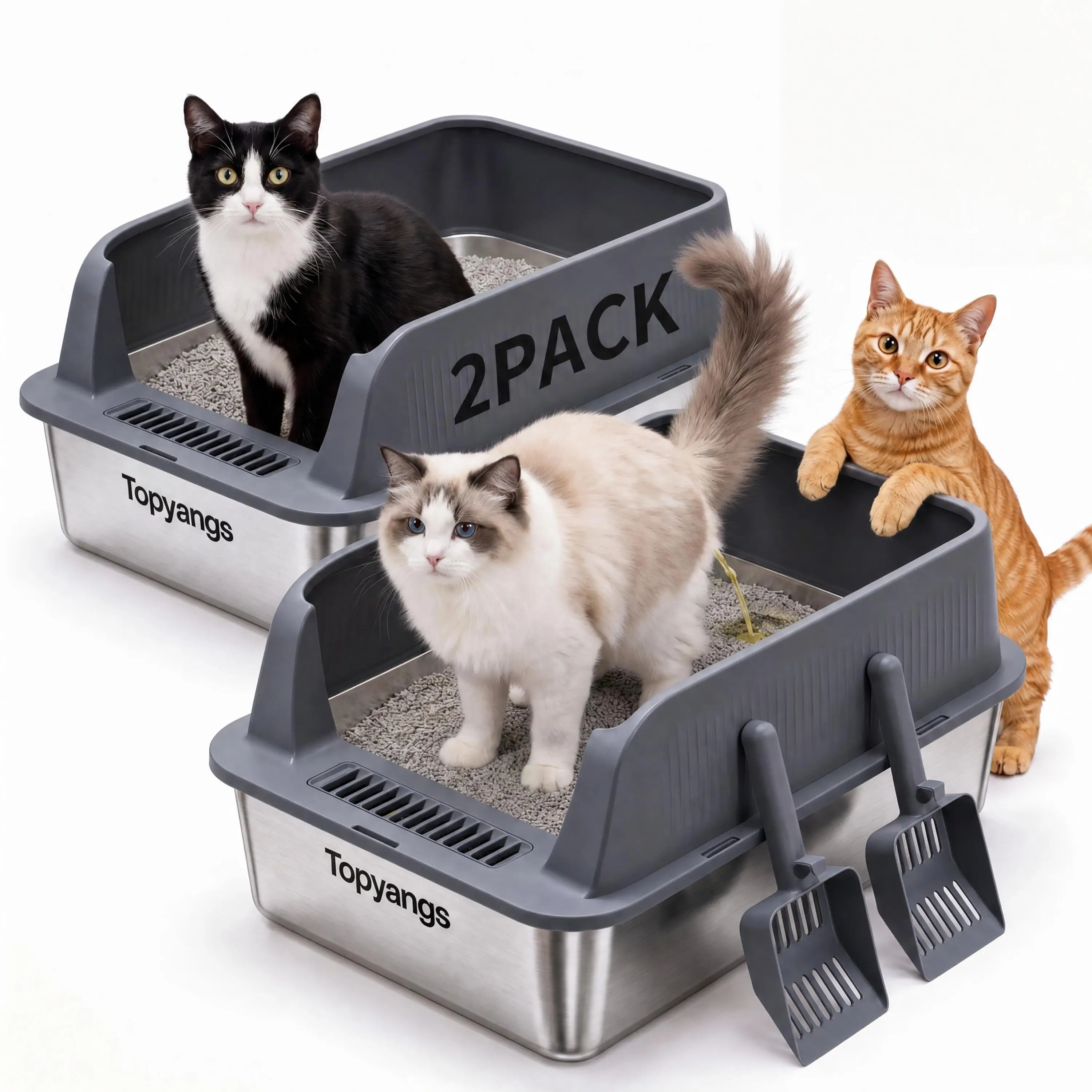 Topyangs 2-Pack Stainless Steel Cat Litter Box, Extra Large High Anti-Splash Sides, Leak-Proof Non-Stick Metal Litter Pans, Easy to Clean, Comes with 2 Litter Scoops, Ideal for Multi-Cat Families