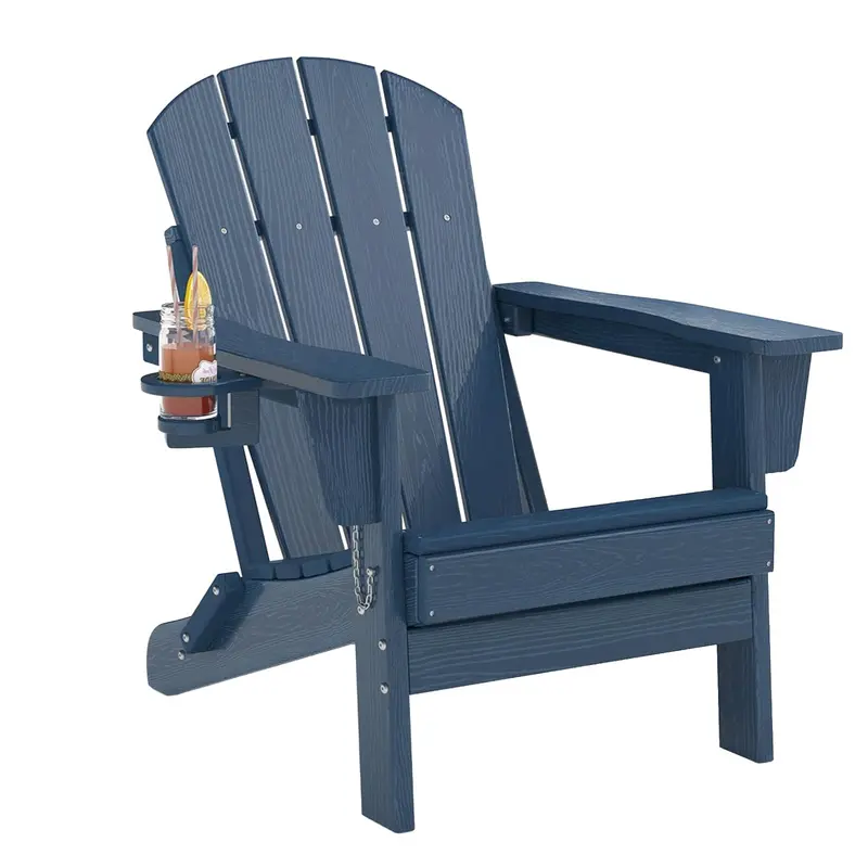 Folding Adirondack Chair, Navy‑Blue HDPE Patio Chair with Cup Holder, All‑Weather Wood‑Textured Outdoor Chair, Easy to Assemble for Backyard, Garden & Fire Pit