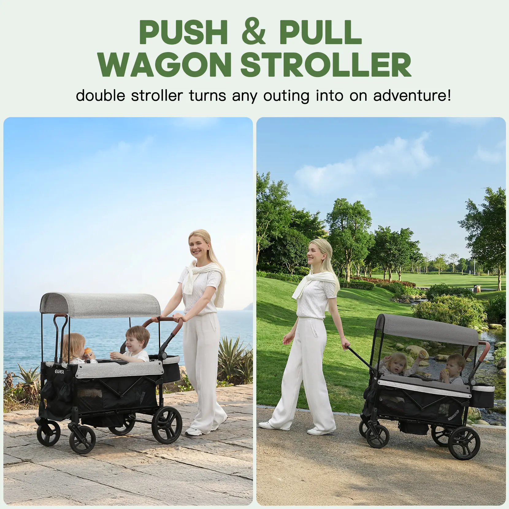 Dripex Stroller Wagon for 2 Kids, All-Terrain Foldable Kids Wagon Stroller with Removable Canopy, Mosquito Net, Snack Tray, Cup Holders & Storage Basket