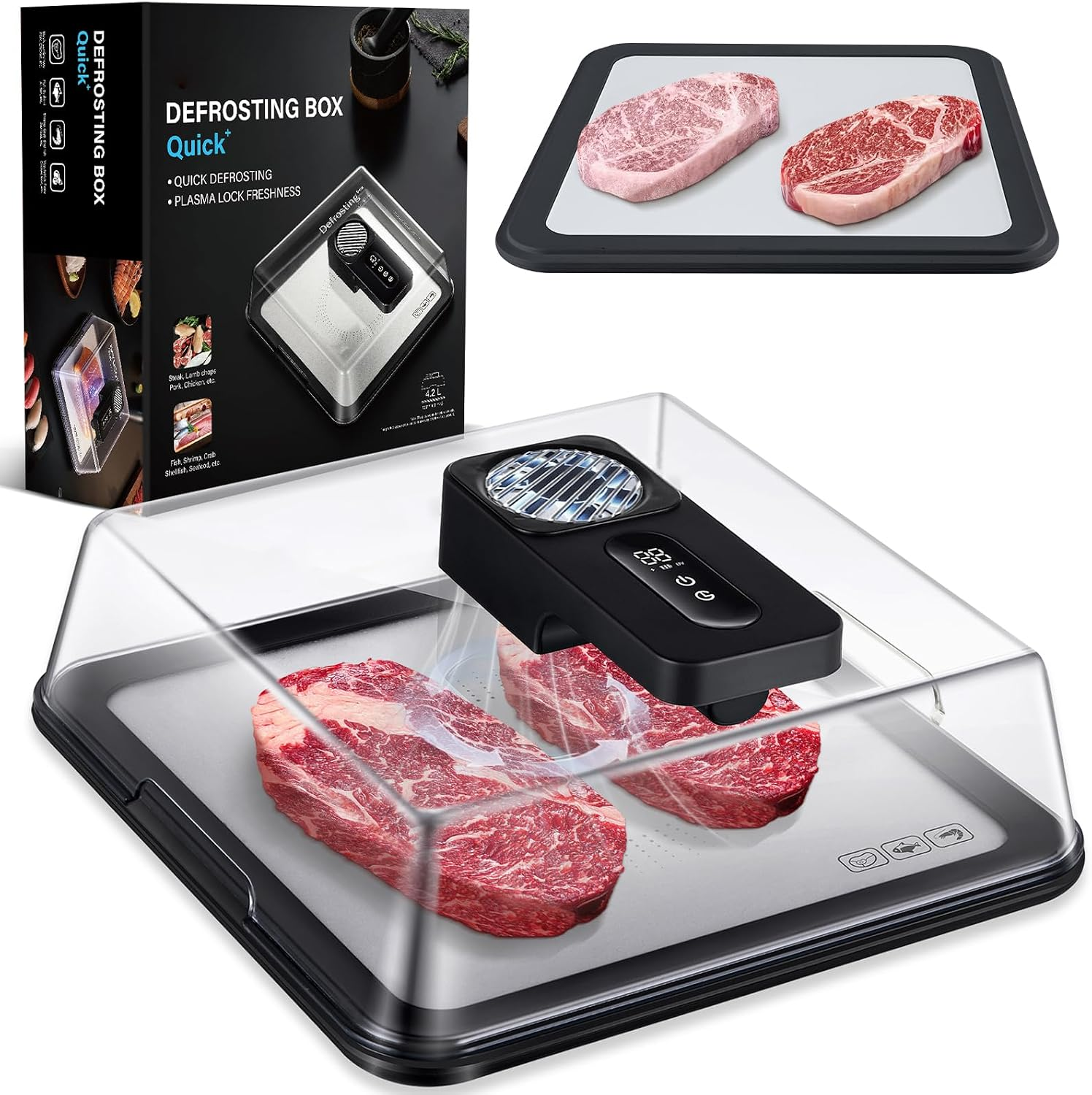 HULIABU Rapid Defrosting Tray for Frozen Meat, Meat Thawing Tray for Frozen Meat with Airflow Technology, Meat Defroster, Smart Defrosting Mat, Thawing Mat, No Microwaves, No Cold/Warm Water Required, White
