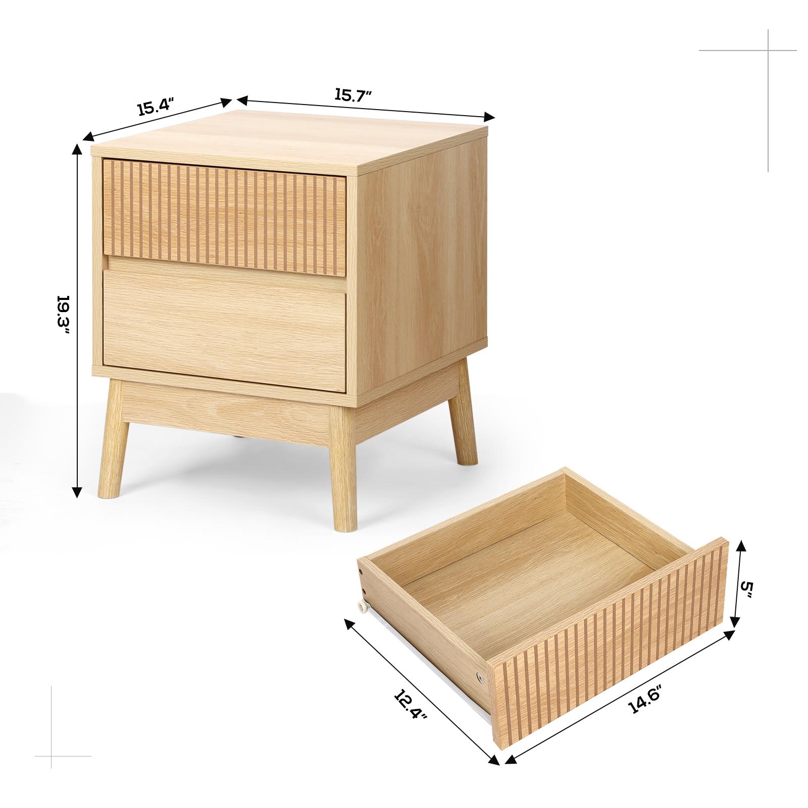 VOWNER Fluted Wooden Nightstand, End Table with 2 Drawers and Solid Wood Legs, Beside Table with Storage for Bedroom, Living Room