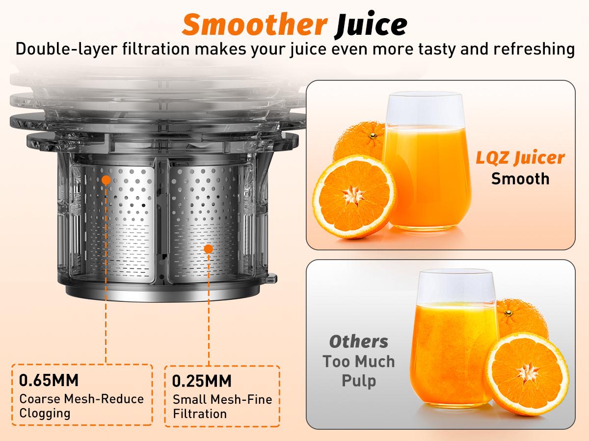LQZ 350W Cold Press Juicer - Slow Masticating, 5.4 Inch Feed Chute, High Juice Yield, Easy Clean, 55rpm Technology for Whole Fruits & Veggies,Summer Glow LQZ 350W Cold Press Juicer - Slow Masticating, 5.4 Inch Feed Chute, High Juice Yield, Easy Clean, 55rpm Technology for Whole Fruits & Veggies,Summer Glow