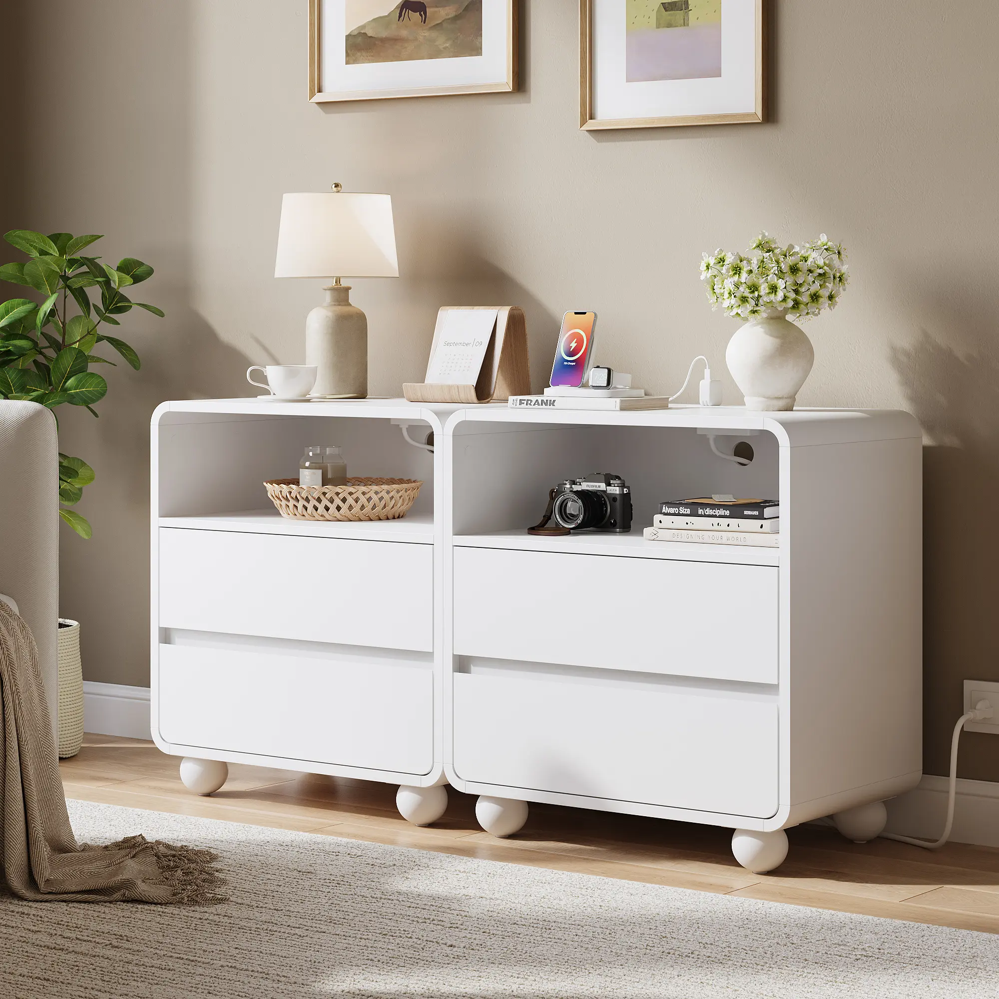 Curved Wooden Nightstand with Charging Station | 2 Drawers & Open Shelf