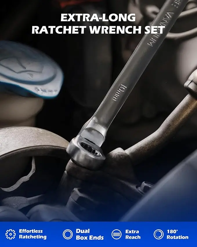 6-Piece Ratcheting Wrench Set, Metric 8mm - 19mm Extra Long Gear Multi-Purpose Ratchet Wrench Extra Long Ratchet Wrench Set with 72 Tooth Gear & Double Box End, 8mm 9mm 10mm 11mm 12mm 13mm 14mm 15mm 16mm 17mm 18mm 19mm