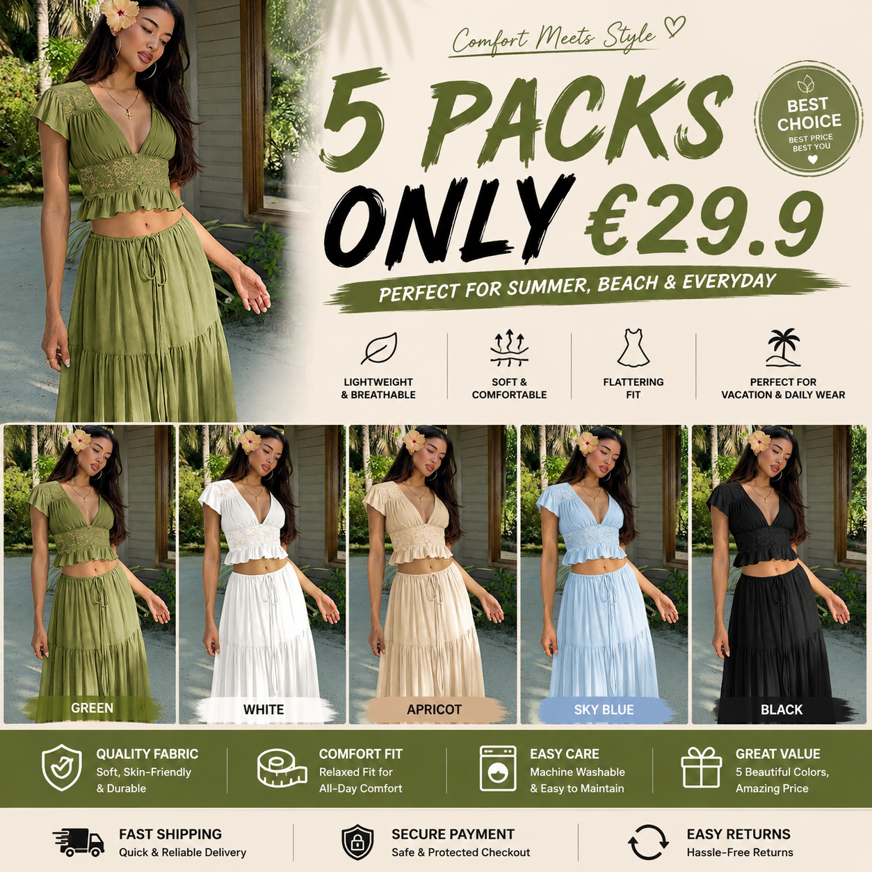 Women Summer Short Sleeve V Neck Tops Long Skirt Beach Vacation Chiffon Two Piece Set Outfit Clothes