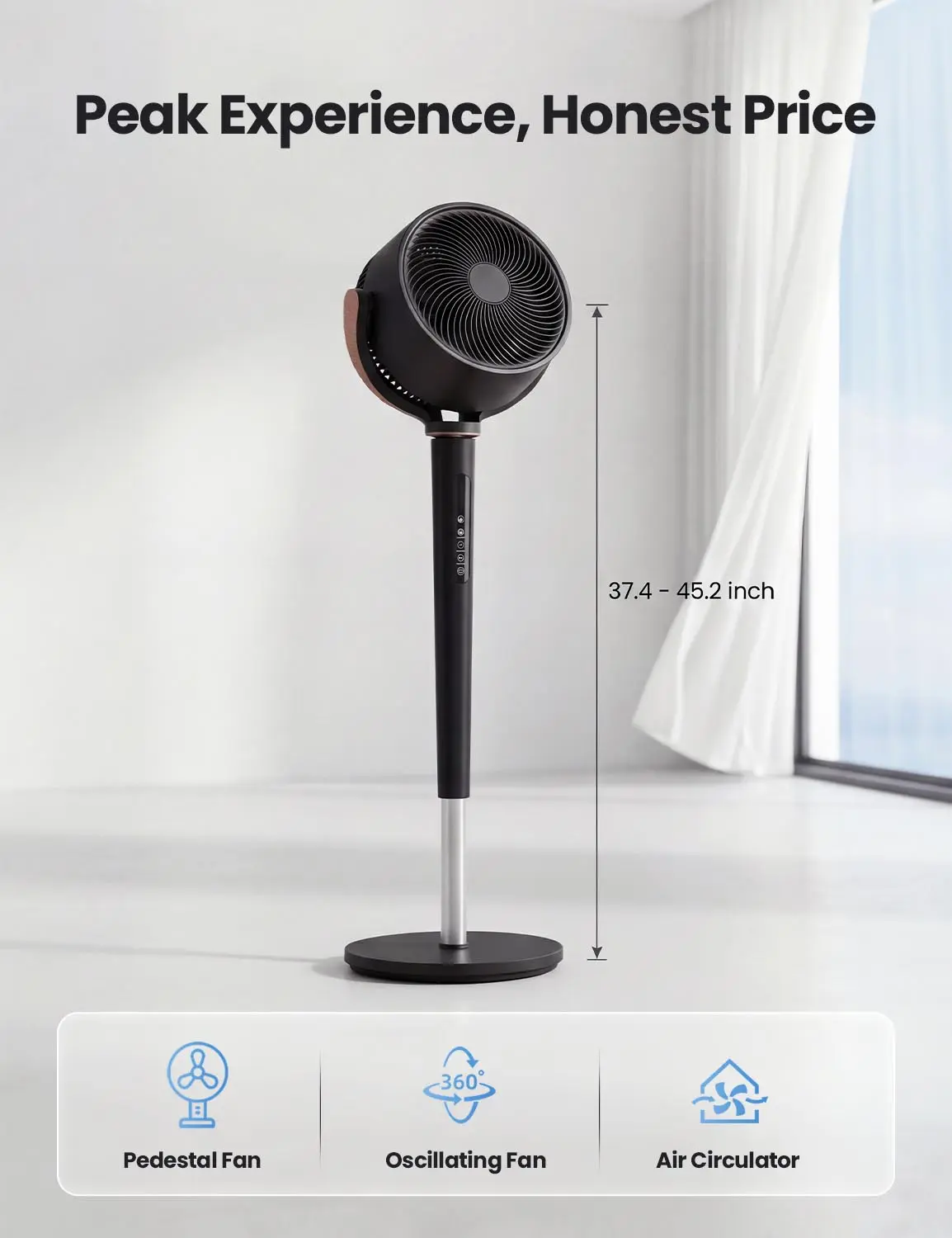 TEHANLD Fan for Bedroom, 120° Oscillating Standing Fan, Quiet Floor Fan with DC Motor, 100ft Pedestal Fan for Room, 16 Speeds, 4 modes, 20dB, 37-45" Adjustable Height, 12H Timer，With ambient lighting