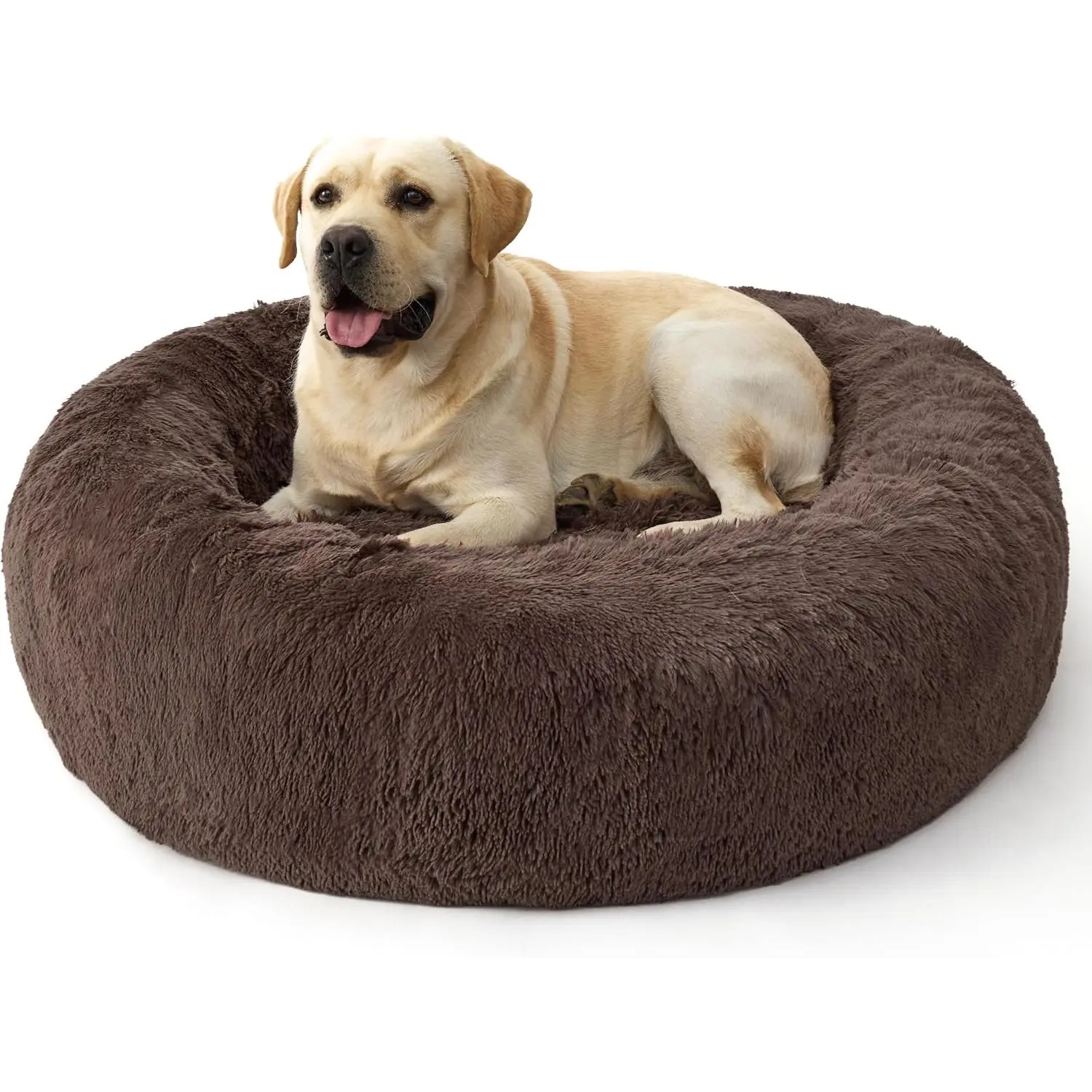 Anti‑Anxiety Donut Calming Dog Bed, Fluffy Faux Fur Large Pet Bed with Removable Washable Cover