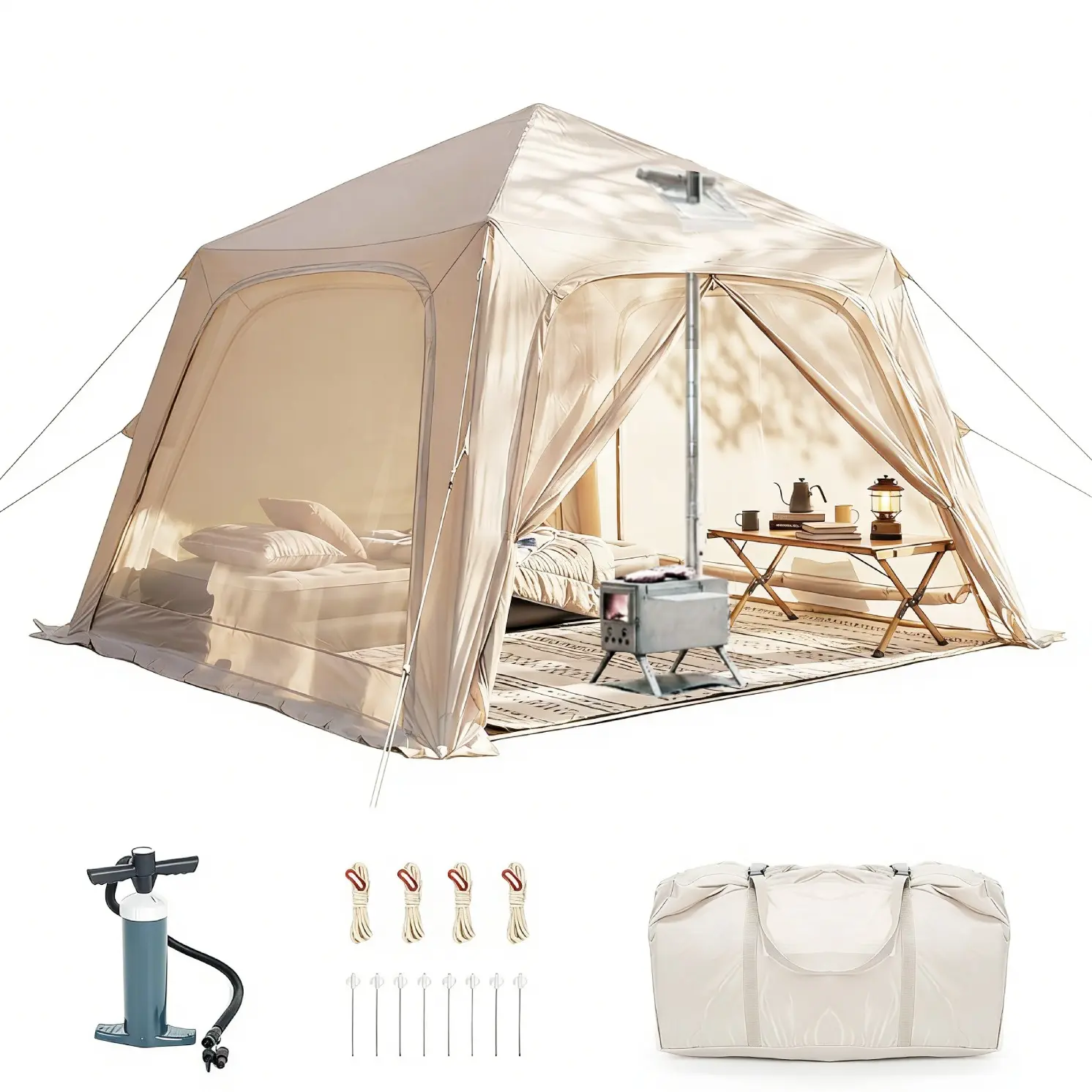 DoCred Large Inflatable Camping Tent with Pump, Glamping Tents with Stove Jack, Easy Set up 4 Season Waterproof Windproof Outdoor Gazebo, Luxury Cabin Tent with Removable Mesh Windows & Doors for Beach, Backyard, Sleepovers, Camping