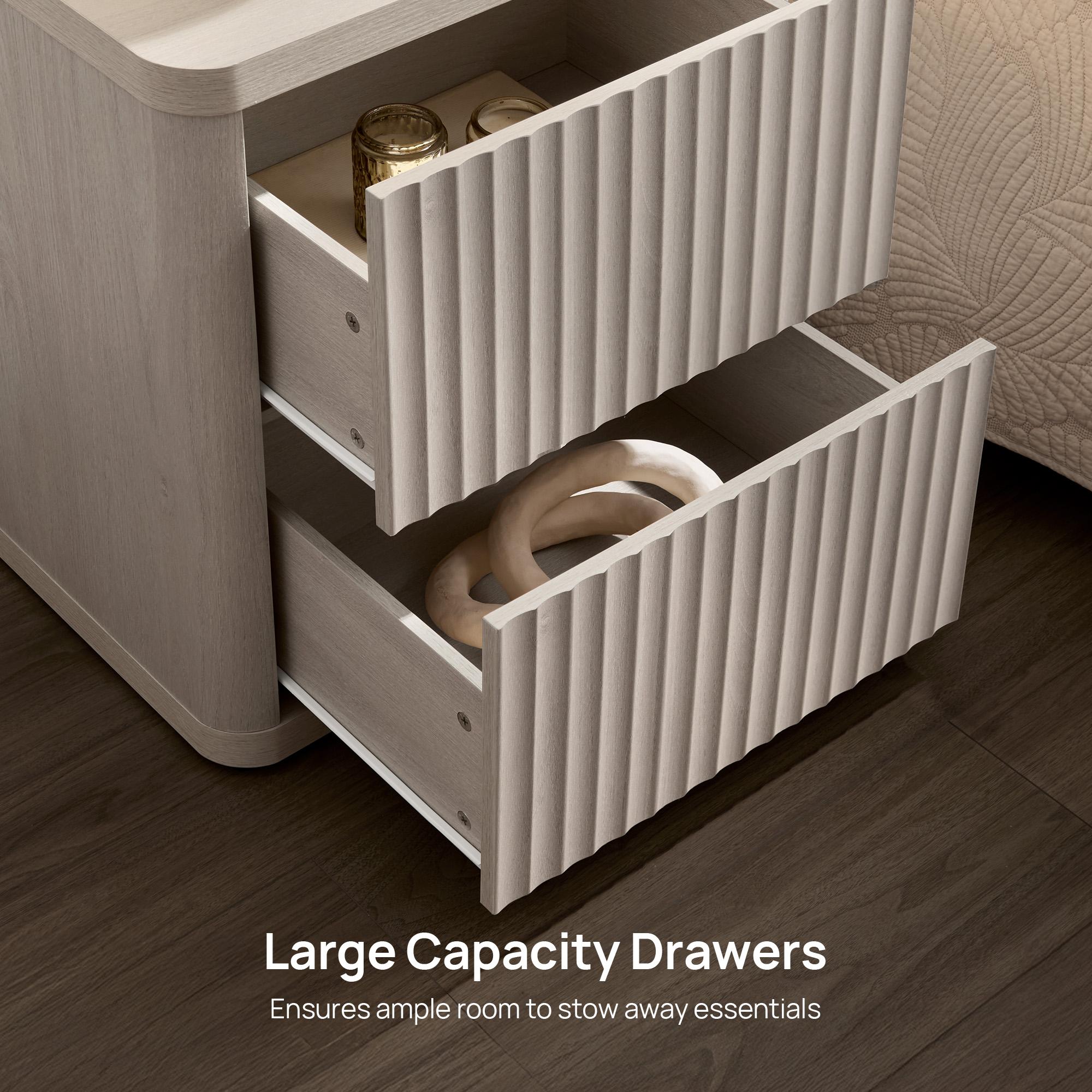 SICOTAS Set of 2 Wood Nightstands - 22.75" Wide Contemporary End Tables, Fluted Modern Bedside Table Cabinets with 2 Large Handleless Drawers, Curved Edges for Bedroom Small Spaces Furniture, Bedside Table Cabinet