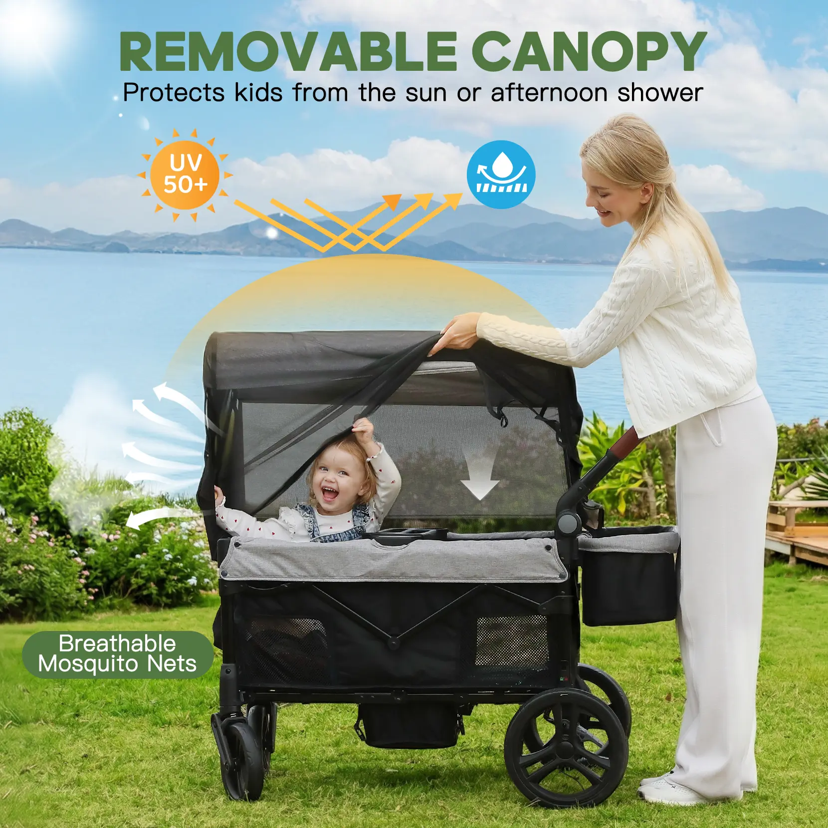 Dripex Stroller Wagon for 2 Kids, All-Terrain Foldable Kids Wagon Stroller with Removable Canopy, Mosquito Net, Snack Tray, Cup Holders & Storage Basket
