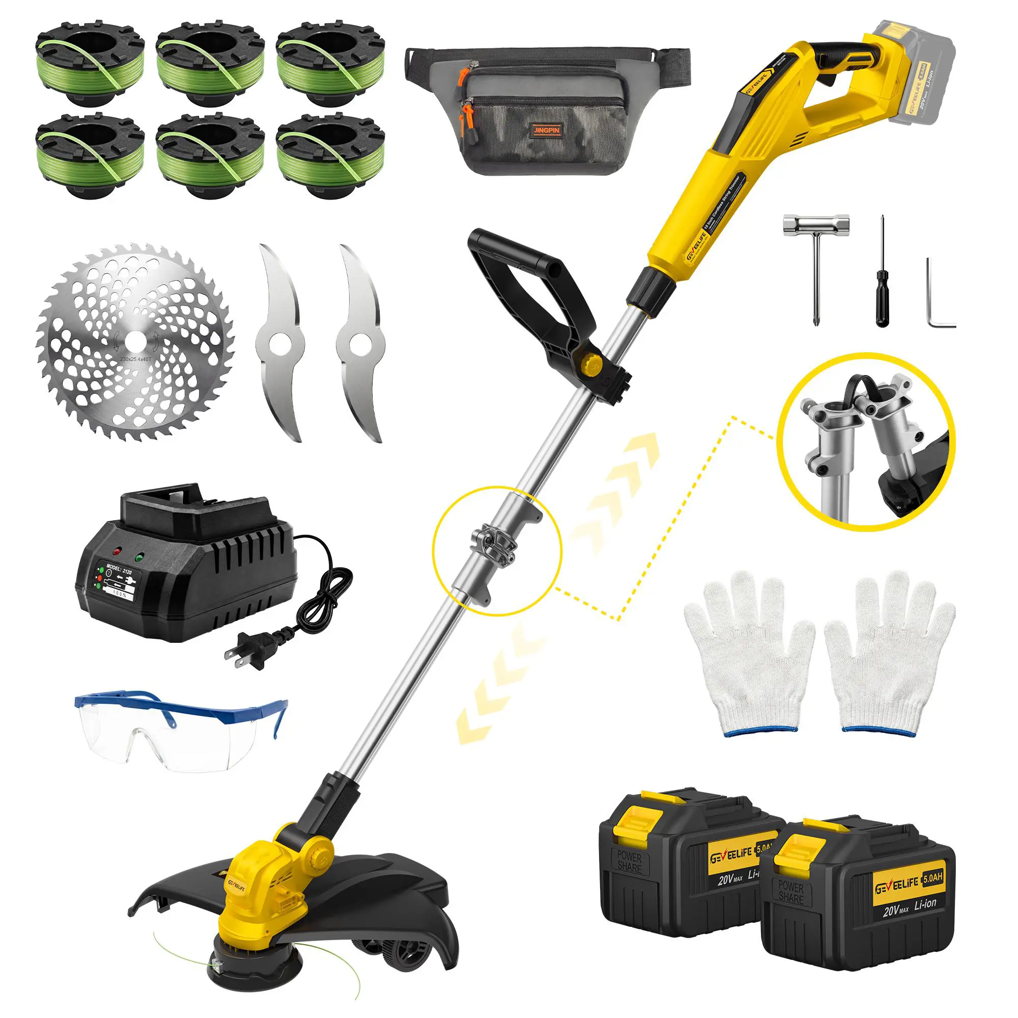 GEVEELIFE Bruchless Electric Weed Wacker String Trimmer,21V Cordless Weed Eater and Edger, 15'' Cutting Width with 2*5.0Ah Batteries Powered Brush Cutter, 4 in 1 Lawn Mower , Eco Friendly Grass Cutter,