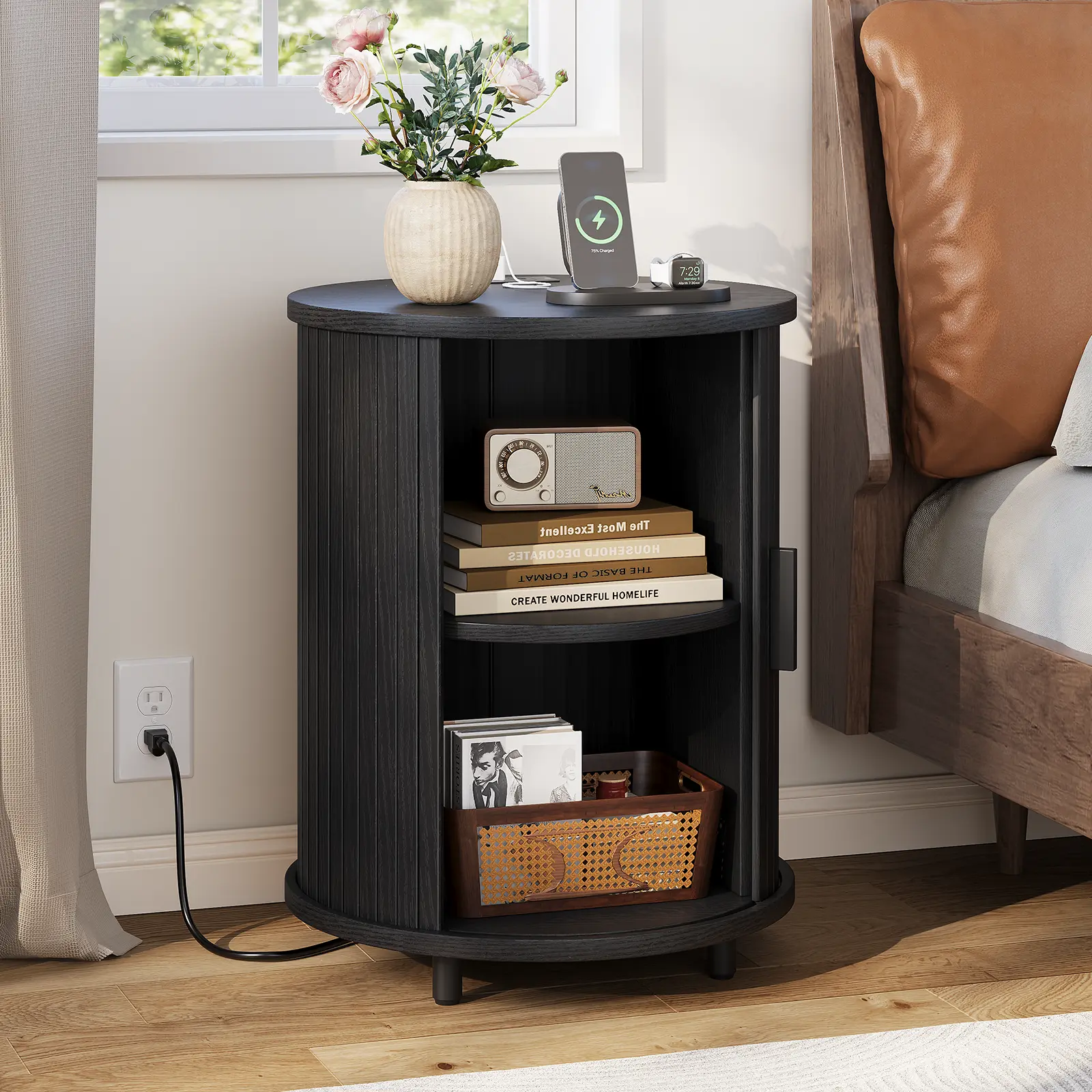 Mid‑Century Round Nightstand Set of 2, End Table with Charging Station, Sliding Door & 2‑Tier Storage for Home Use