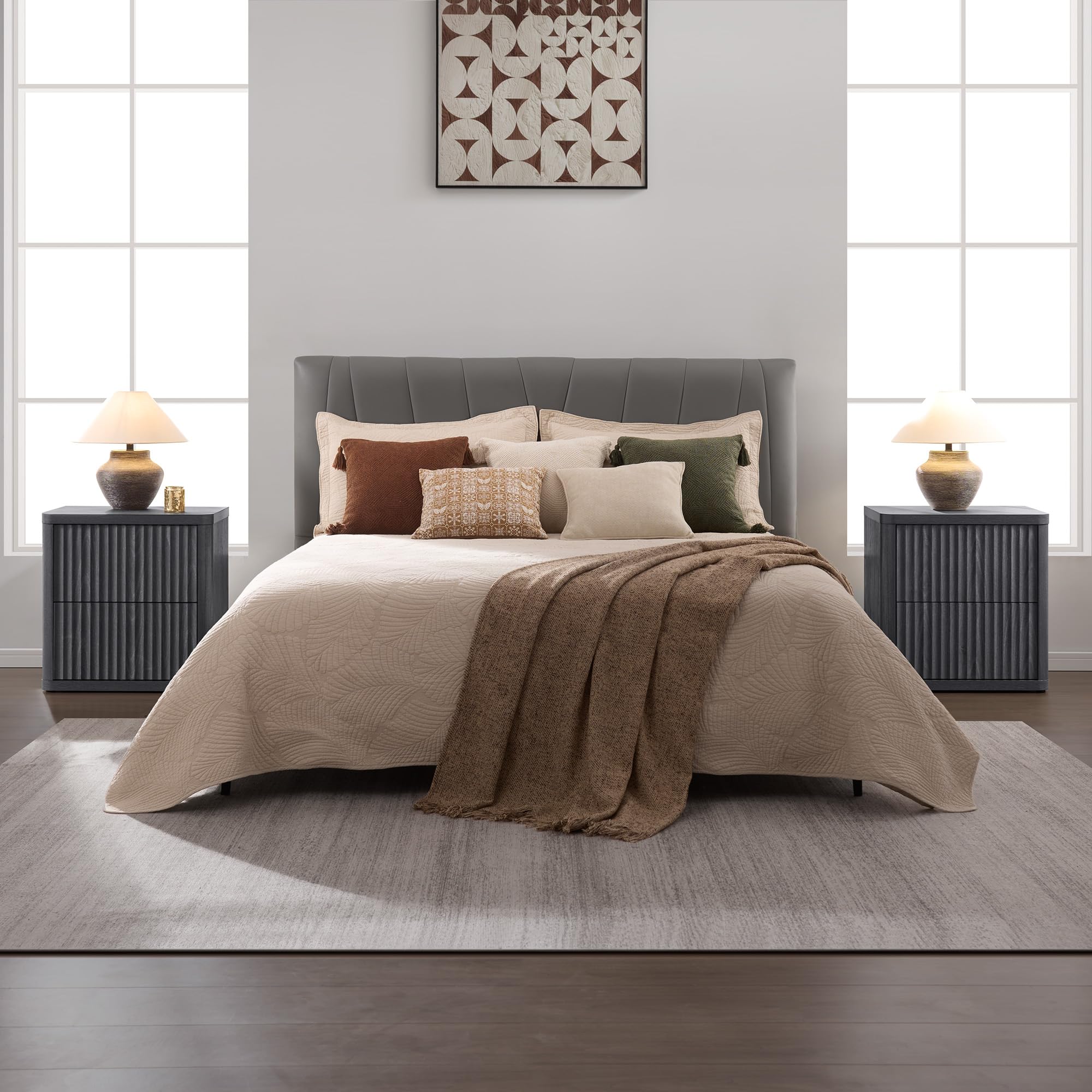 SICOTAS Set of 2 Wood Nightstands - 22.75" Wide Contemporary End Tables, Fluted Modern Bedside Table Cabinets with 2 Large Handleless Drawers, Curved Edges for Bedroom Small Spaces Furniture, Bedside Table Cabinet
