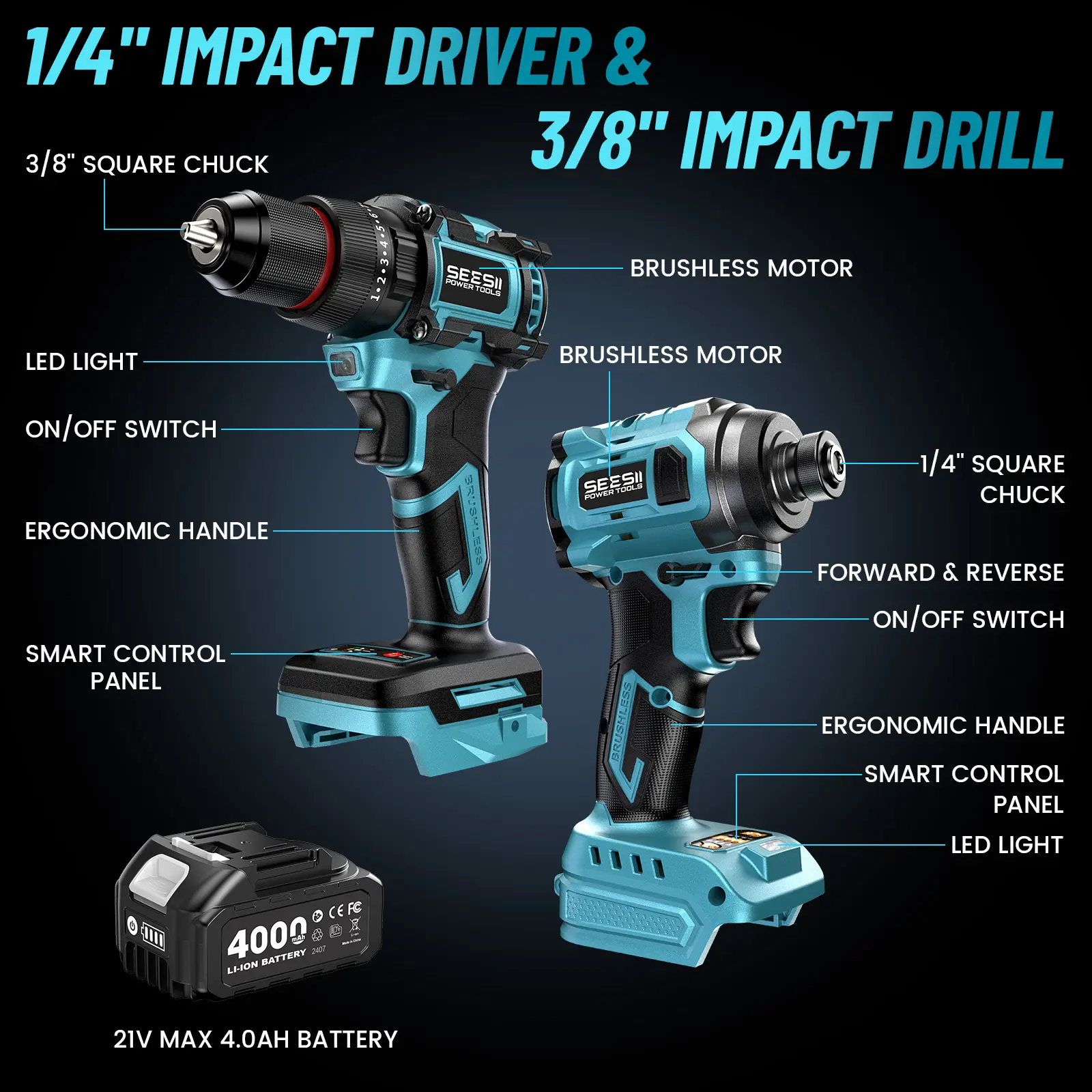 SEESII 3/8'' Brushless Cordless Drill and 1/4'' Impact Driver Combo Kit with 2 Batteries, 21V Max Electric Brushless Power Tool Set with Fast Charger