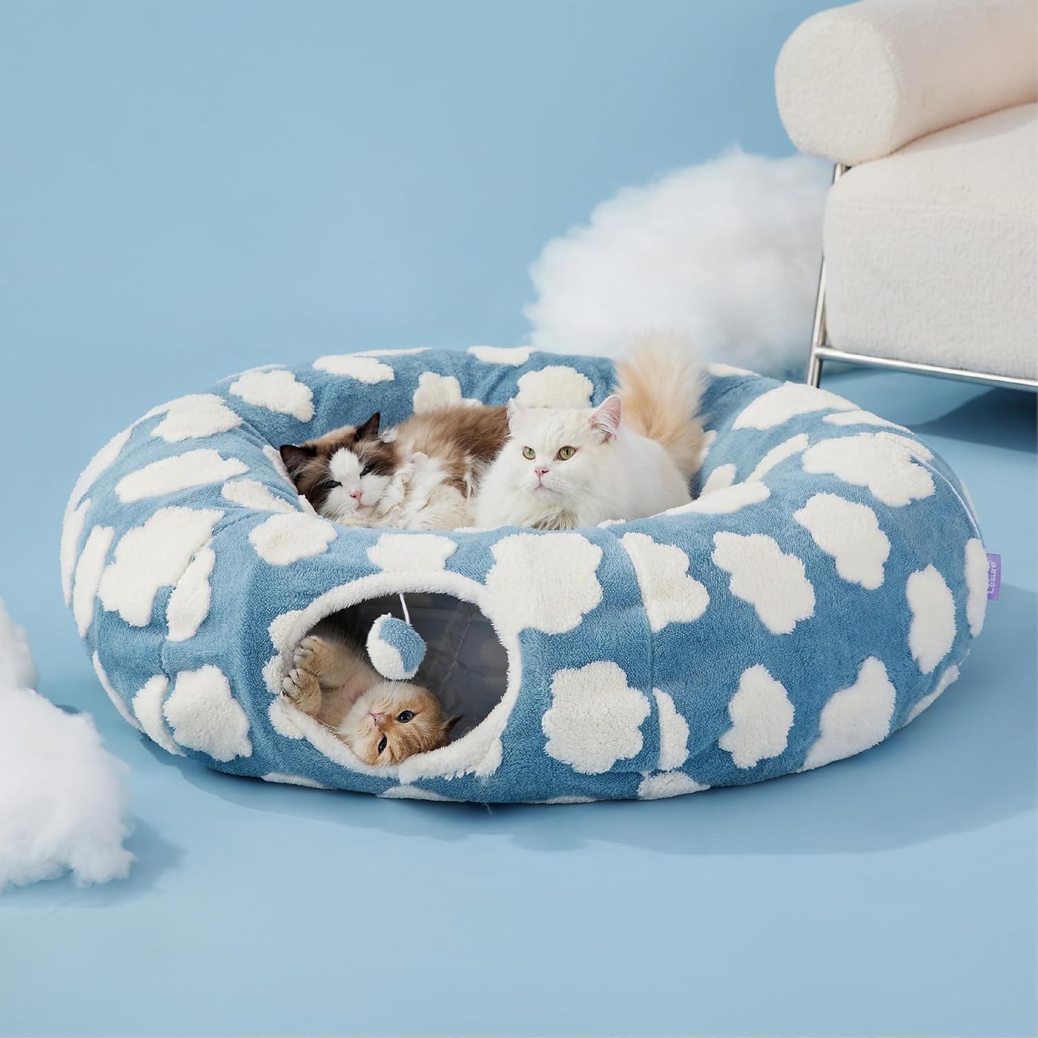 Large Cat Tunnel Bed for Indoor Cats - Cute Cat Donut Tunnel Toys for Small Large Cats with Washable Circle Cushion, Round Pet Peekaboo Cave Toy for Kitten/Puppy/Rabbit, Standard Blue
