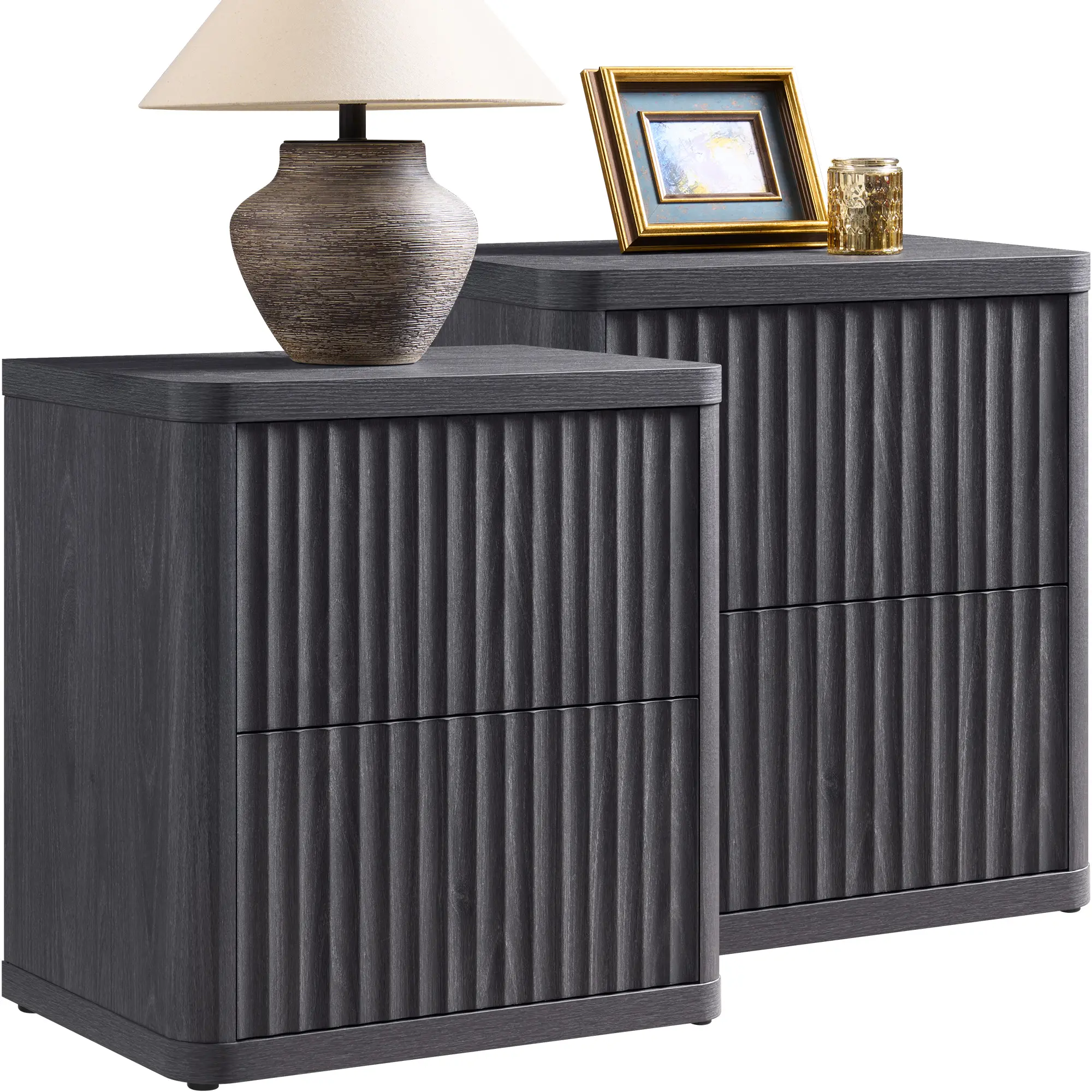 Set of 2 Contemporary Fluted Nightstands, 22.75" Wide, Handle‑Less 2‑Drawer Bedside Cabinets with Curved Edges for Small‑Space Bedrooms