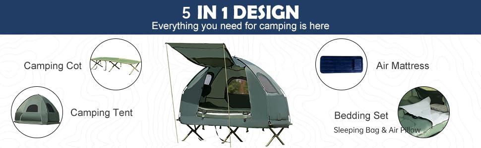 Costway-5-in-1 Tent Cot, Camping Tent Combo with Awning, Air Mattress, Sleeping Bag, Air Pillow, Camping Cot, with Carrying Bag for Outdoor Hiking Costway-5-in-1 Tent Cot, Camping Tent Combo with Awning, Air Mattress, Sleeping Bag, Air Pillow, Camping Cot, with Carrying Bag for Outdoor Hiking