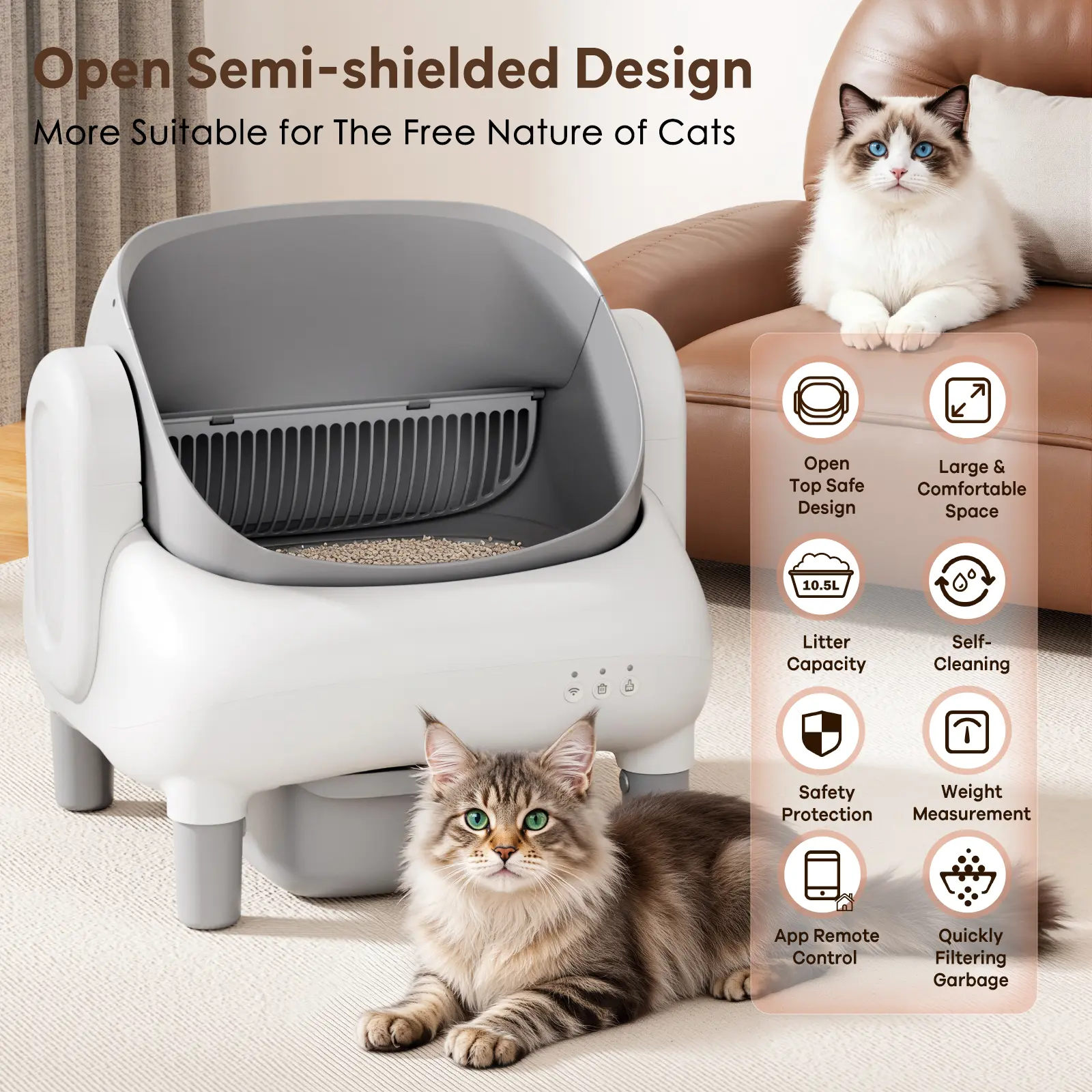 FUMOI Automatic Litter Box for Multi-Cat Homes - Open-Top Auto Cleaner, APP Control, Safety Sensors, Odor Lock, 10.5L Large Waste Bin (2.4G WiFi Only)