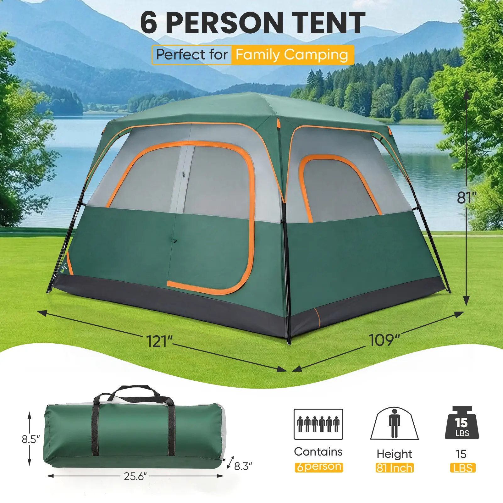 Sweetcrispy 2-8 Person Instant Polyester Camping Tent for Families, Easy Setup with Removable Rainfly, Power Cord Access & Excellent Ventilation, Easy Setup Tents, Tents For Camping
