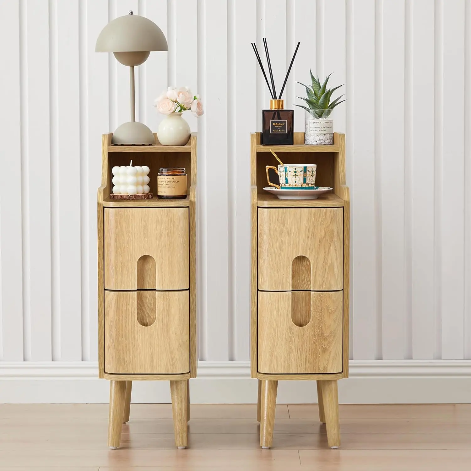 Narrow Vintage Wooden Nightstand, Compact 2‑Drawer End Table for Small‑Space Bedroom & Living Room