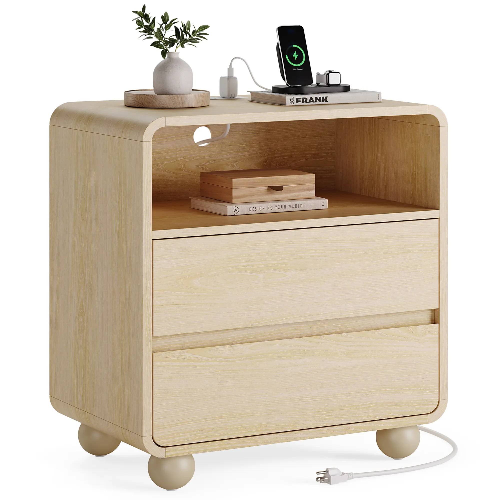 Curved Wooden Nightstand with Charging Station | 2 Drawers & Open Shelf